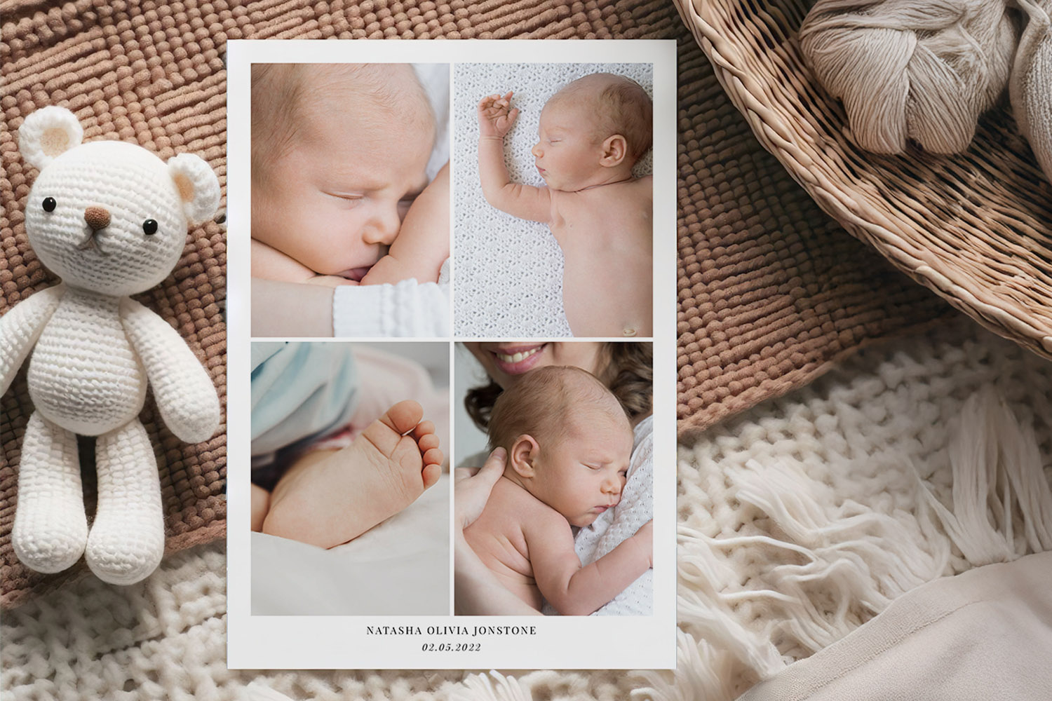 Baby thank you cards featuring a collage of newborn photos on a white card, styled with a knitted teddy and neutral blankets.