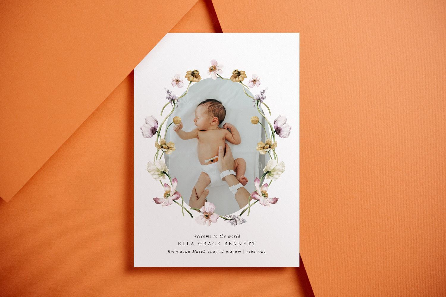 Birth announcement card with a newborn baby photo framed by delicate pastel flowers on a white background, flat-lay view.