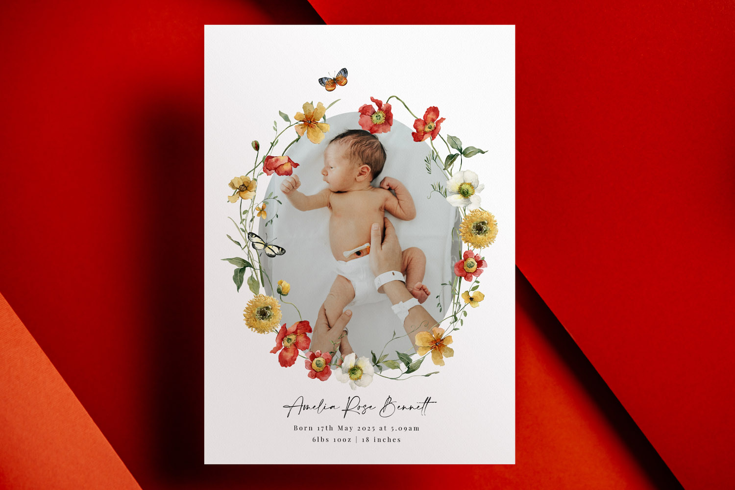 Birth announcement card featuring a newborn baby surrounded by colourful floral illustrations on a white background.