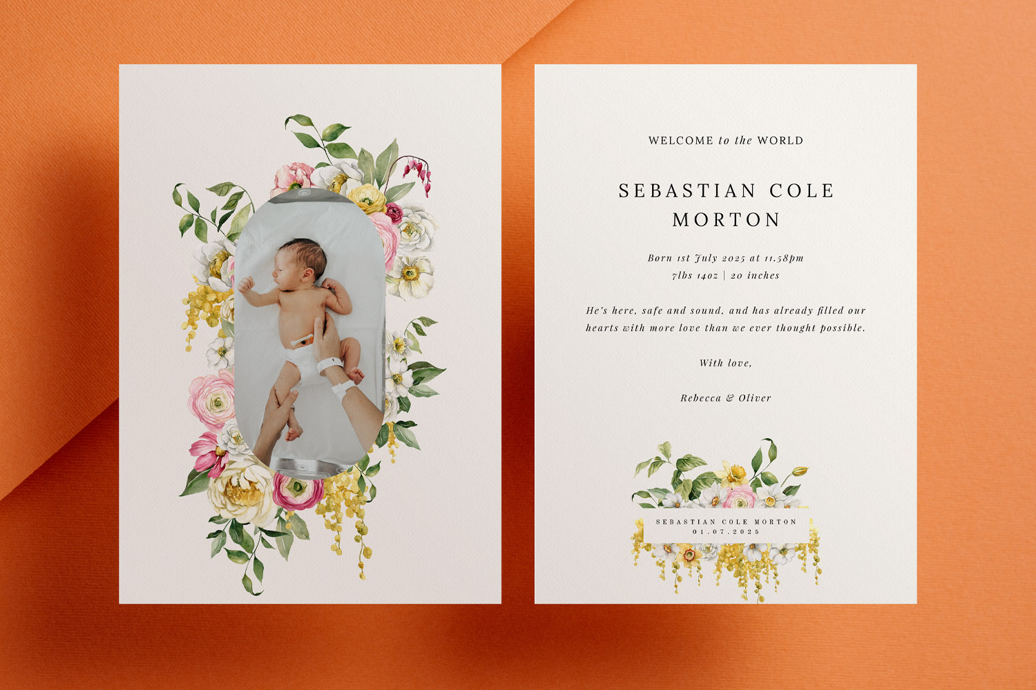 Birth announcement card with floral border, featuring a newborn baby photo and personalised text on a white background.