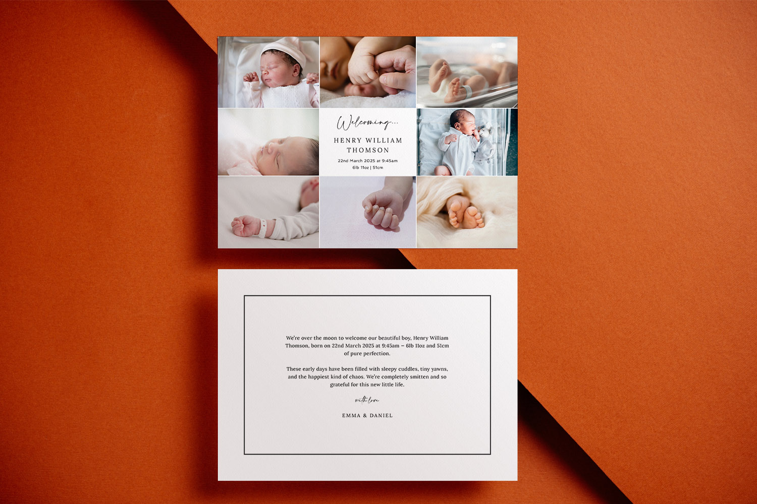 Birth announcement card featuring baby photos and personalised text, displayed on a burnt orange background in a flat-lay
