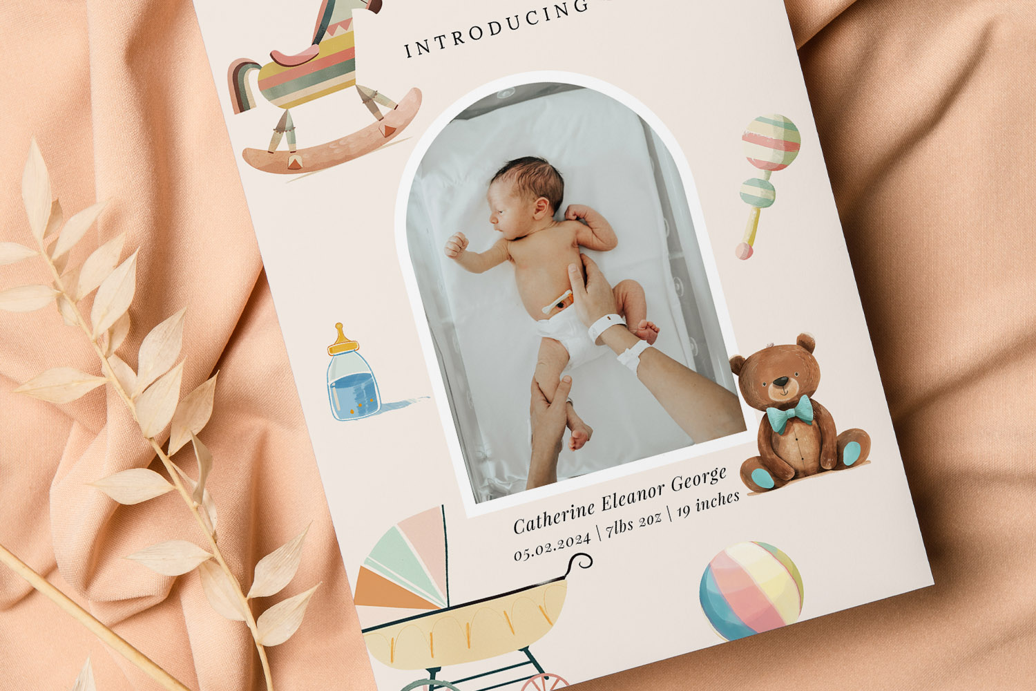 Birth announcement card with pastel illustrations and a newborn baby photo, personalised with name, birth date, and