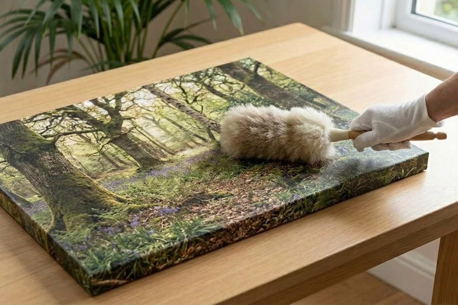 Canvas prints being gently dusted with a soft brush, featuring a woodland landscape on a wooden table near a window.