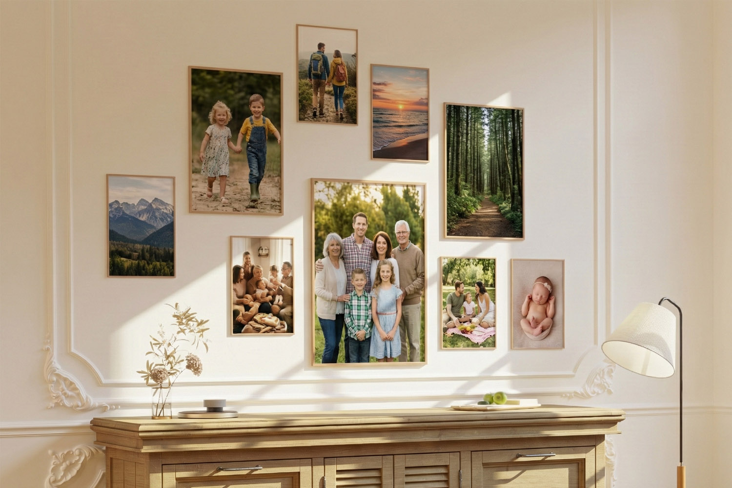 Canvas prints arranged on a cream wall, featuring family portraits, nature scenes, and a newborn, above a wooden sideboard.