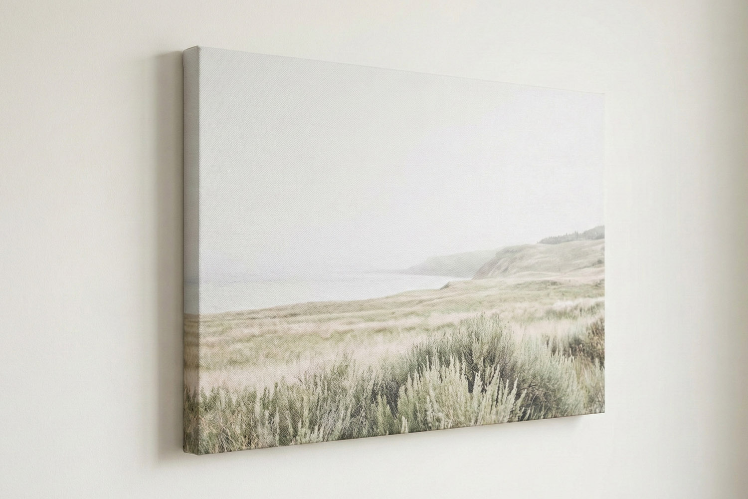 Canvas prints featuring a soft, muted landscape scene with grassy hills and distant water, displayed on a light wall.