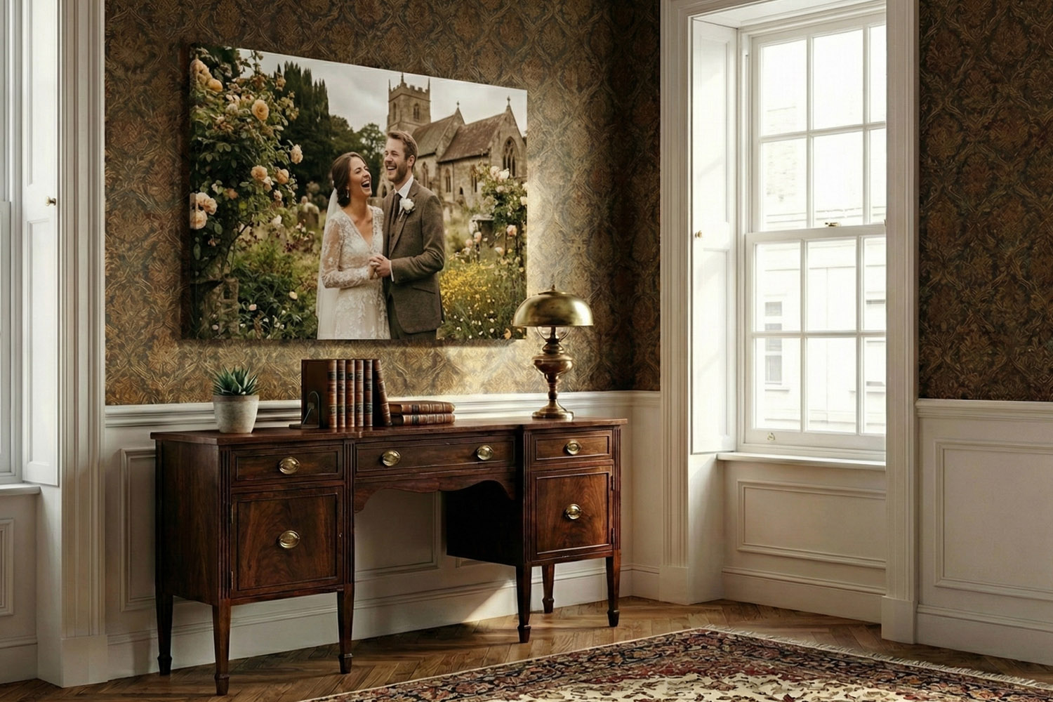 Canvas prints featuring a wedding couple in a garden, displayed above a vintage wooden sideboard in a classic living room.