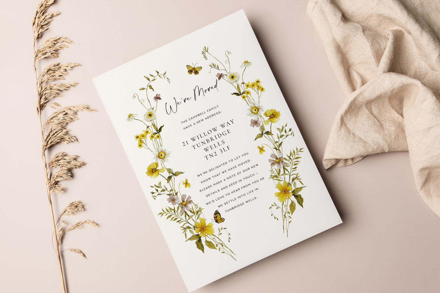 Change of Address Cards featuring elegant yellow and white floral border design on white card, displayed on a neutral