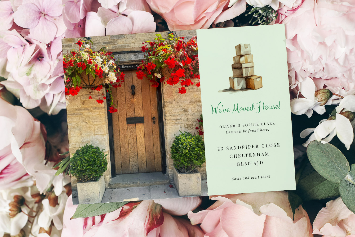 Change of Address Cards featuring a floral background, a front door with hanging baskets, and a new address announcement
