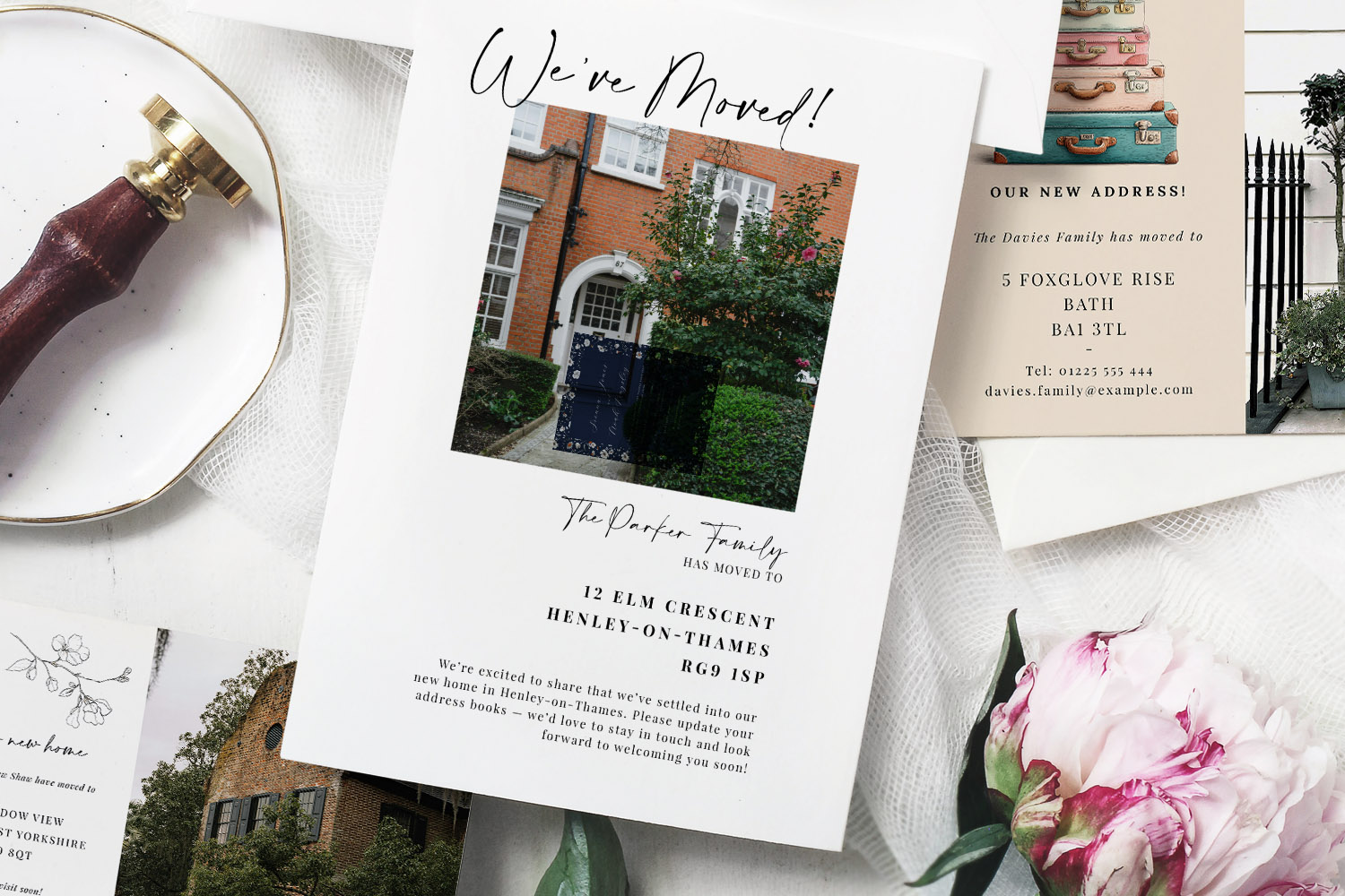 Change of Address Cards featuring modern designs with personal photos, handwritten fonts, and printed address details on