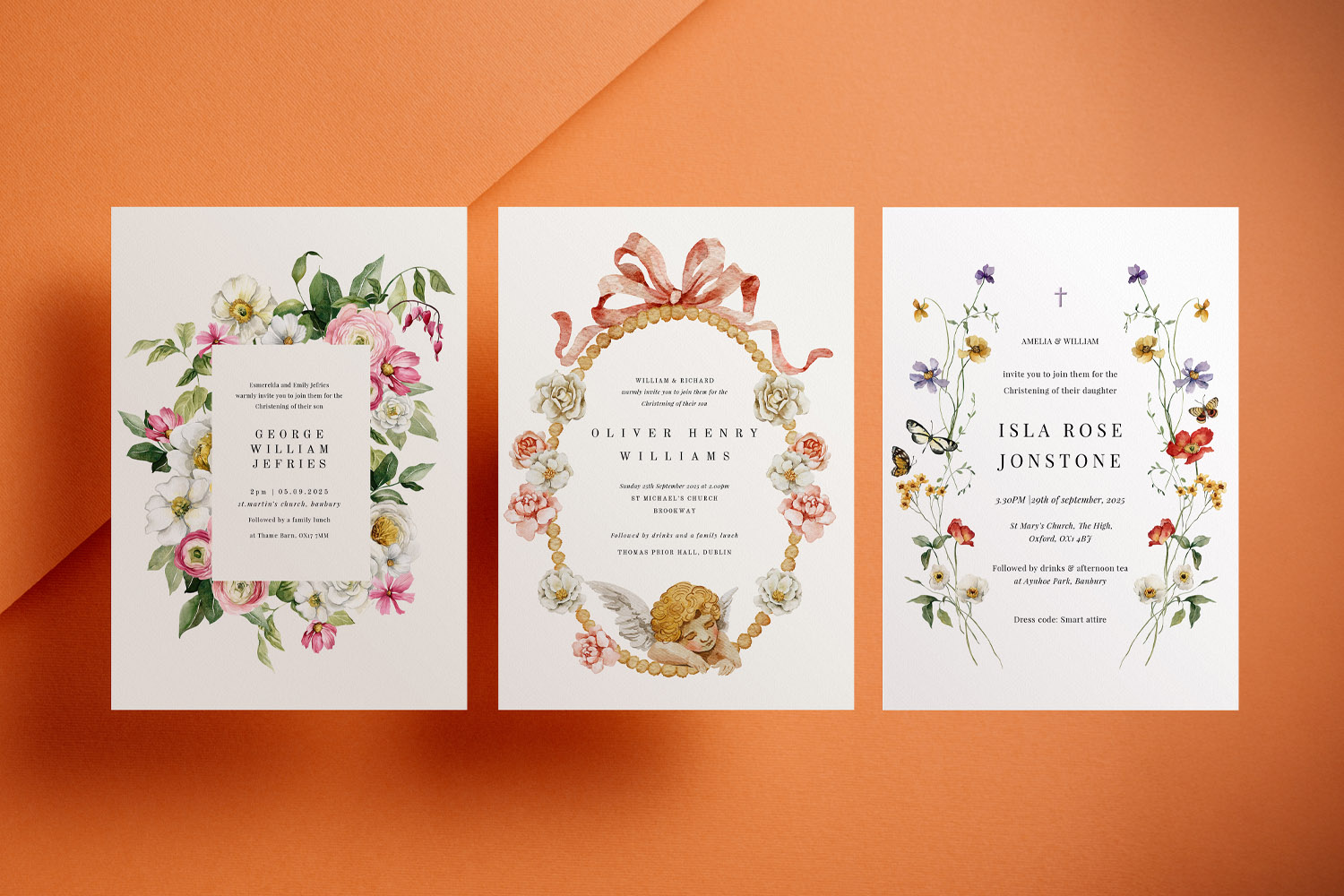 Christening invitations with floral and angel illustrations, displayed on an orange background in a flat-lay arrangement.