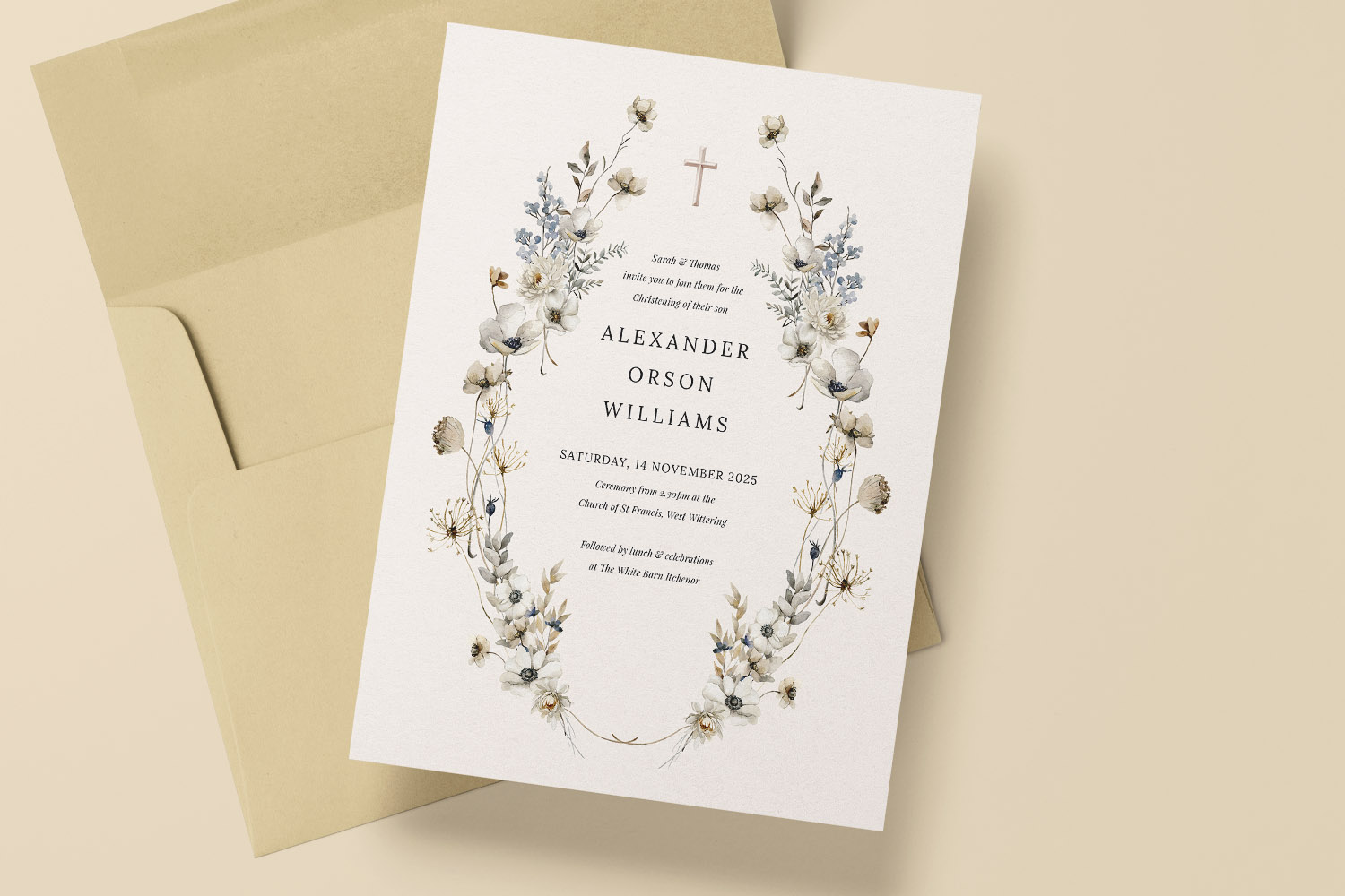 Christening invitations with elegant floral border, cross detail and personalised text, displayed with a matching beige