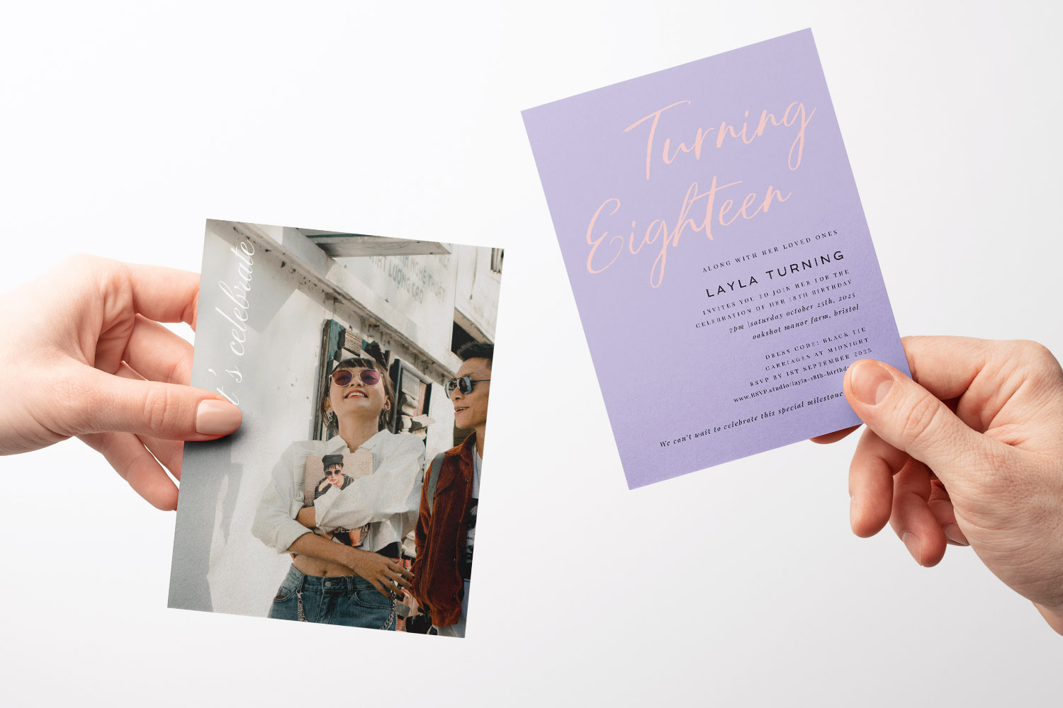 Christening invitations featuring two different designs, one with a photo print and one with elegant lilac and gold script