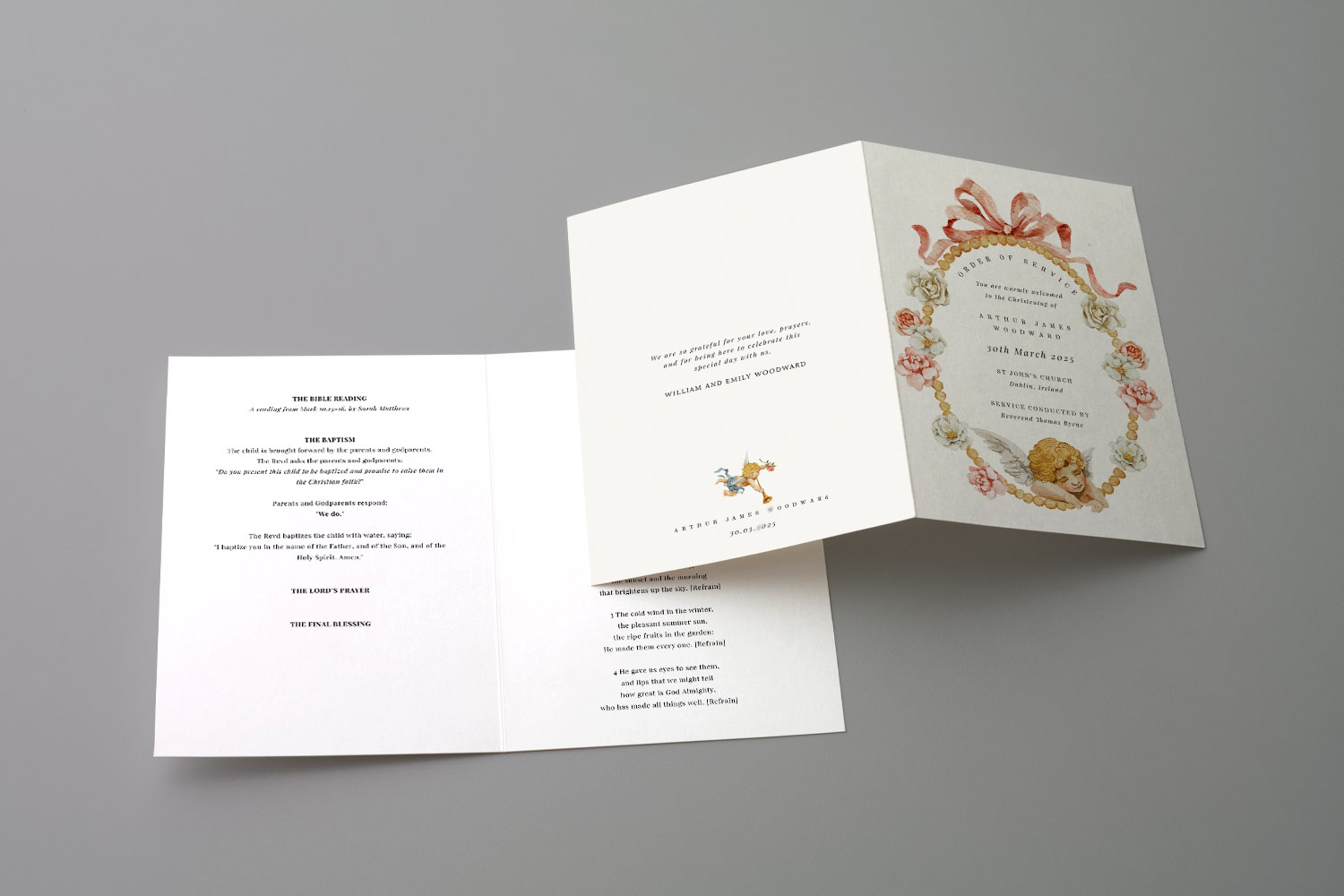 Christening order of service with elegant floral and cherub cover design, displayed open to show printed ceremony details