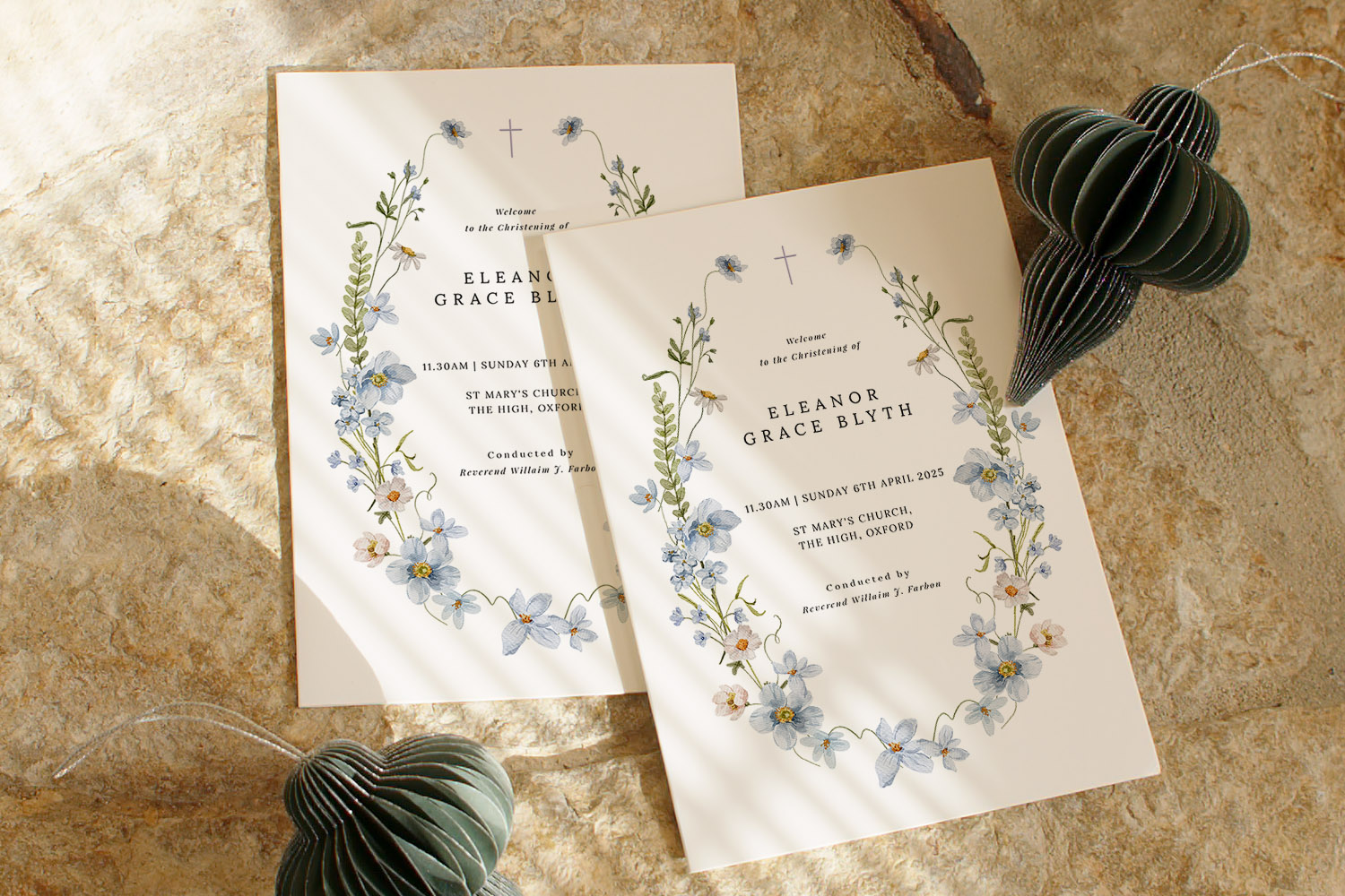 Christening Order of Service cards with blue floral border and cross, personalised with event details on cream textured paper