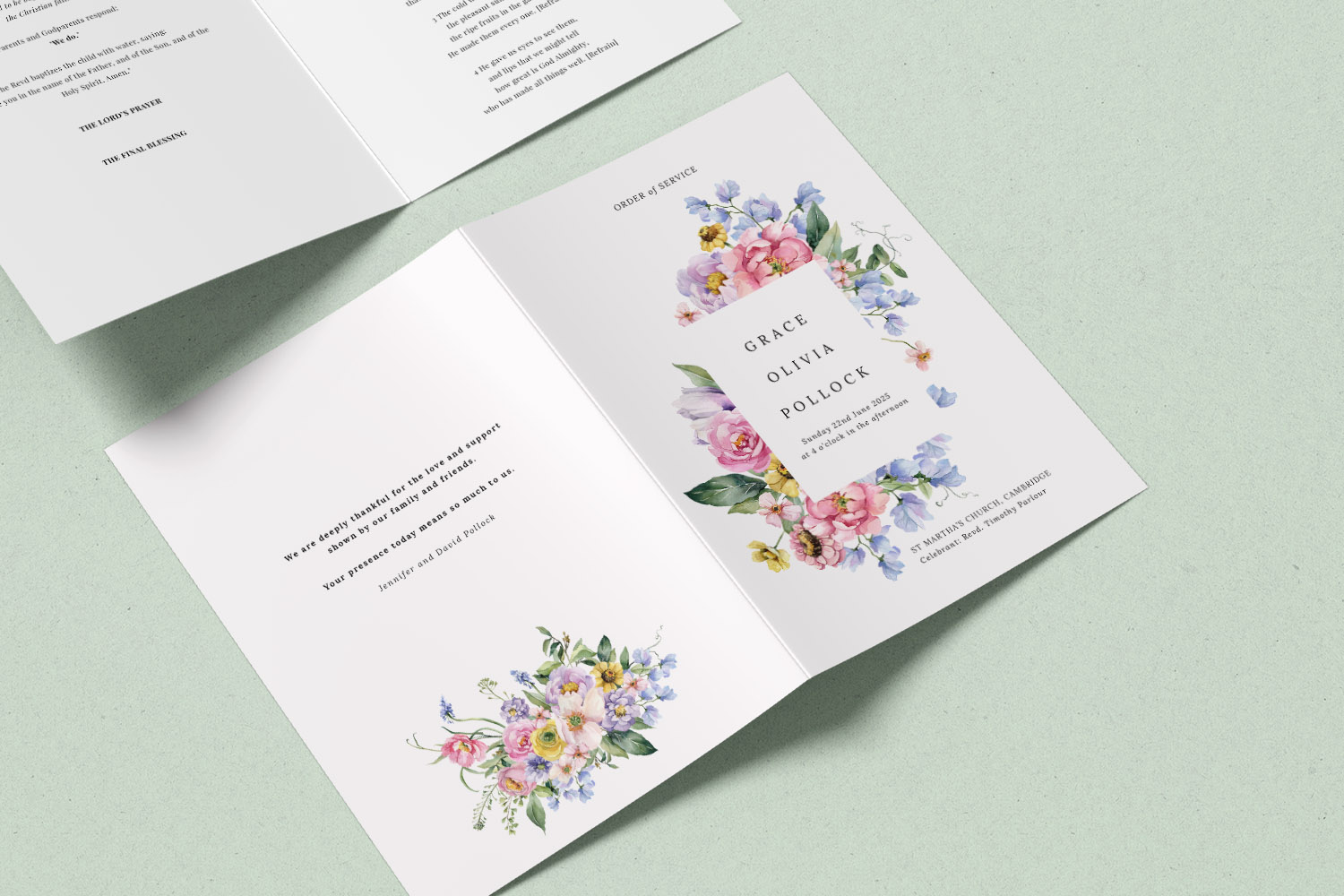Christening Order of Service with pastel floral design, personalised text, and elegant layout on white card, shown open on