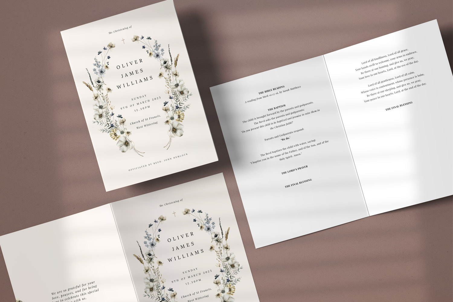 Christening order of service booklet with floral wreath design, personalised text, and printed hymns and readings on white