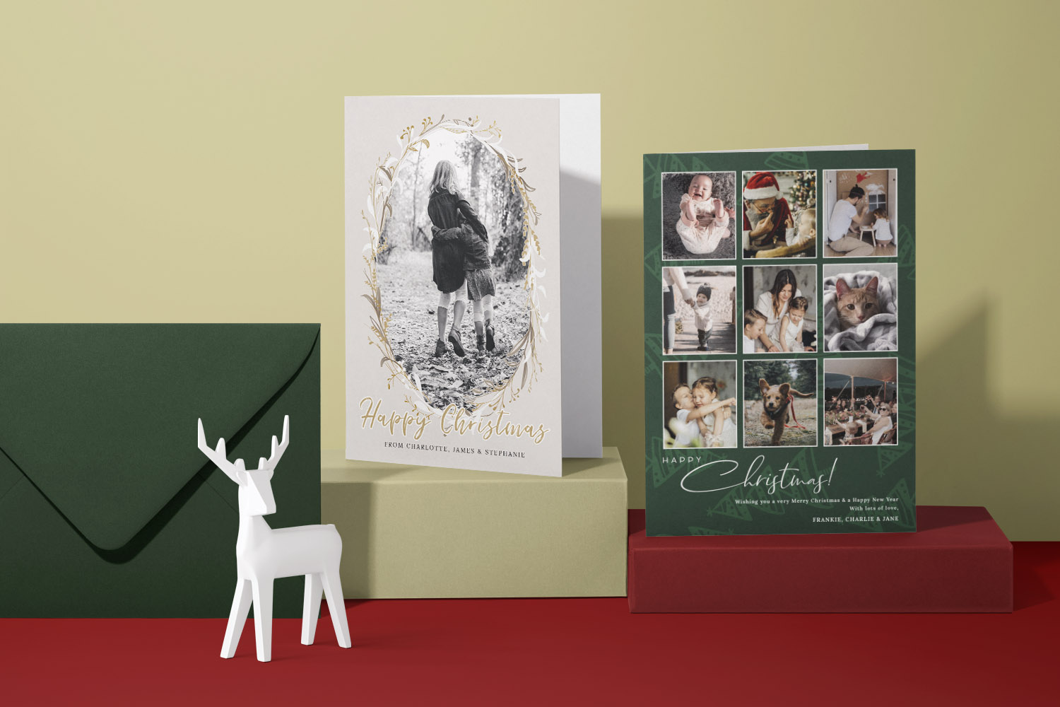 Christmas cards featuring personalised photo designs, one with a gold wreath and another with a collage of family and pet