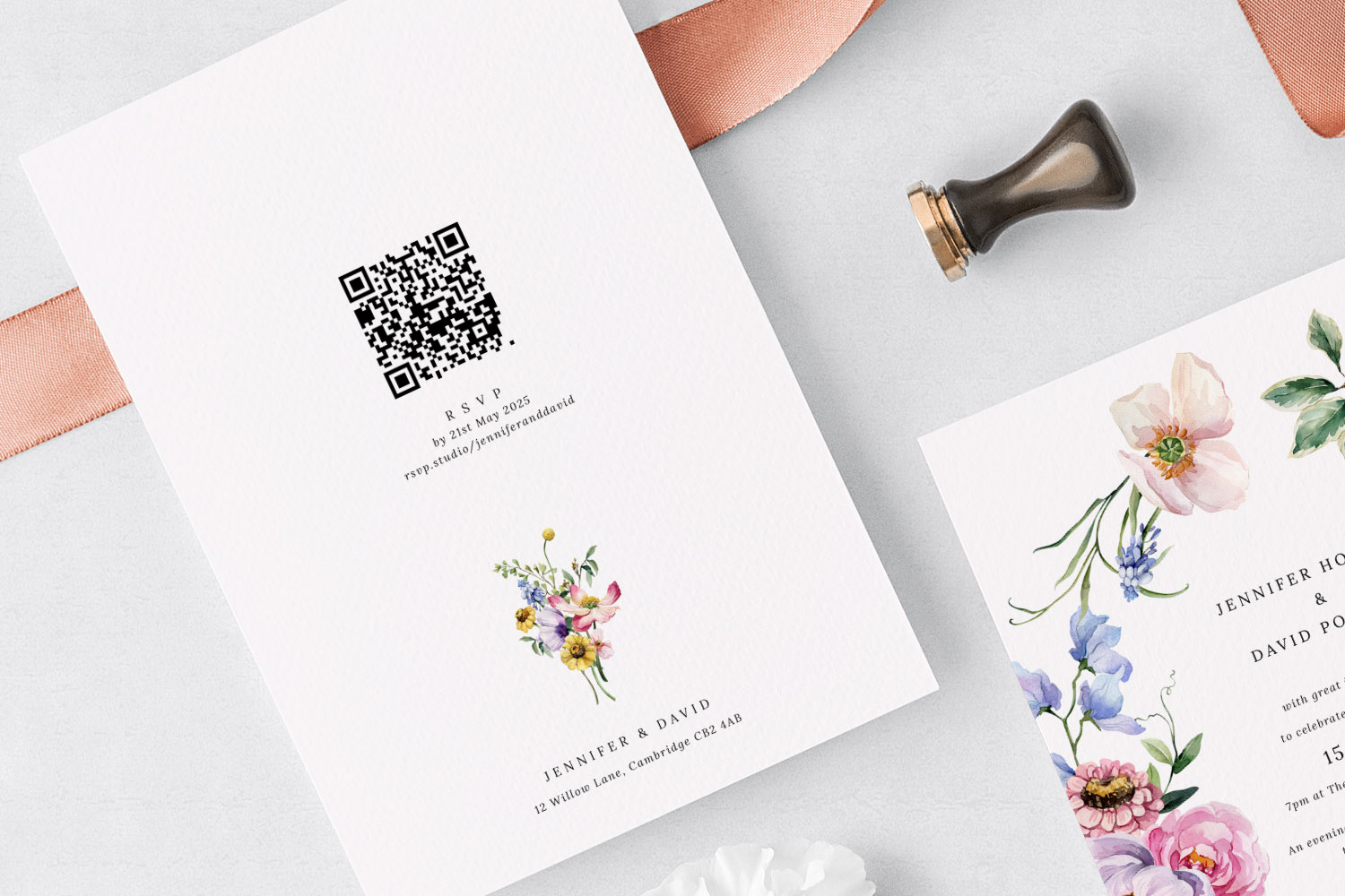 Engagement party invitations with elegant floral designs, printed on textured white card with a QR code for RSVP and guest