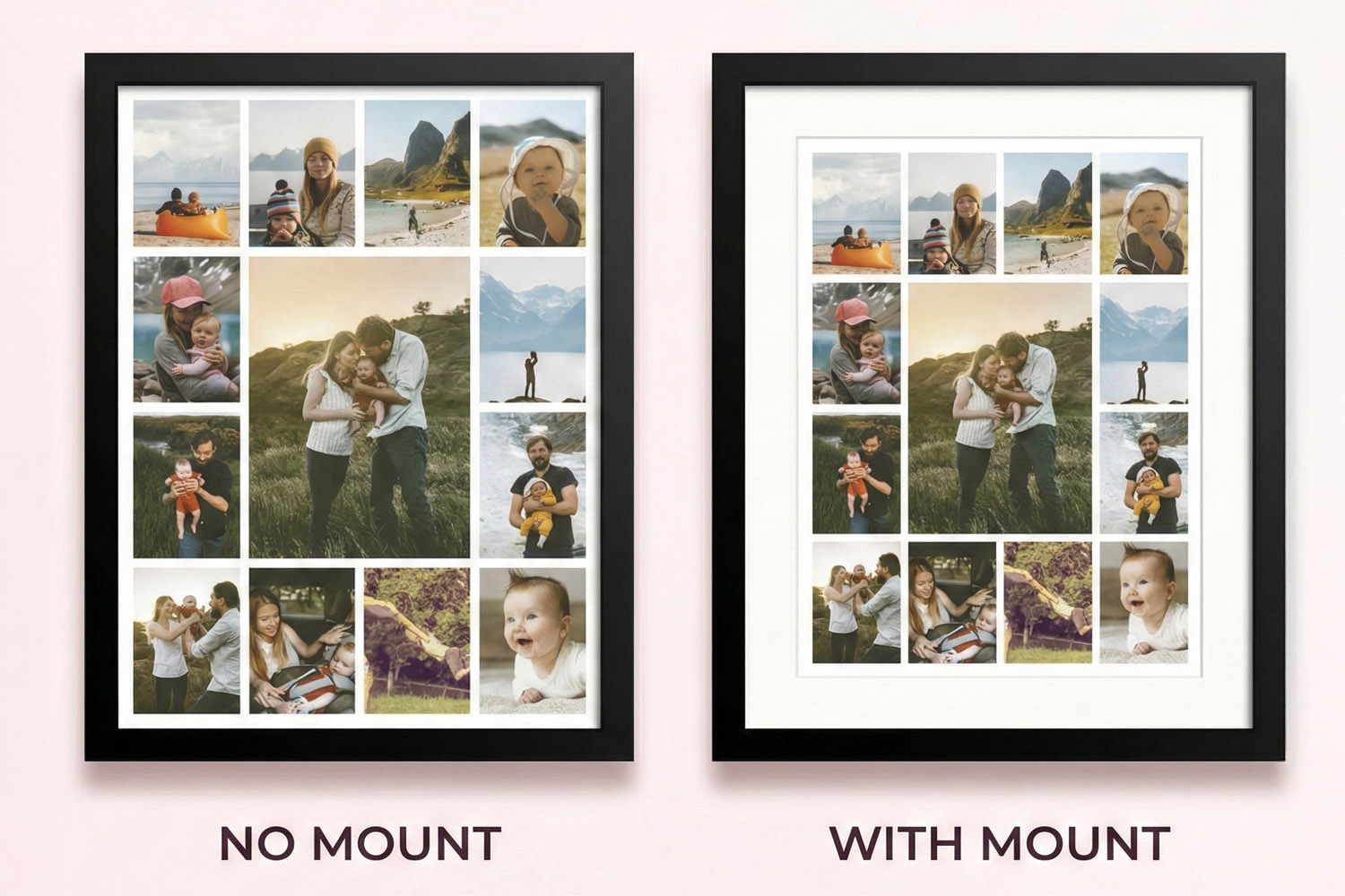 Framed and mounted prints comparison showing a collage of family photos with and without a white card mount in black frames.