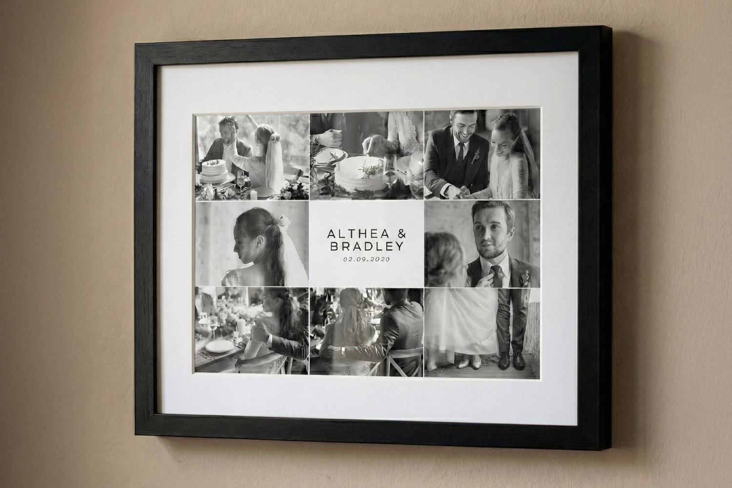 Framed and mounted prints featuring a collage of black and white wedding photos with a white card mount and black frame