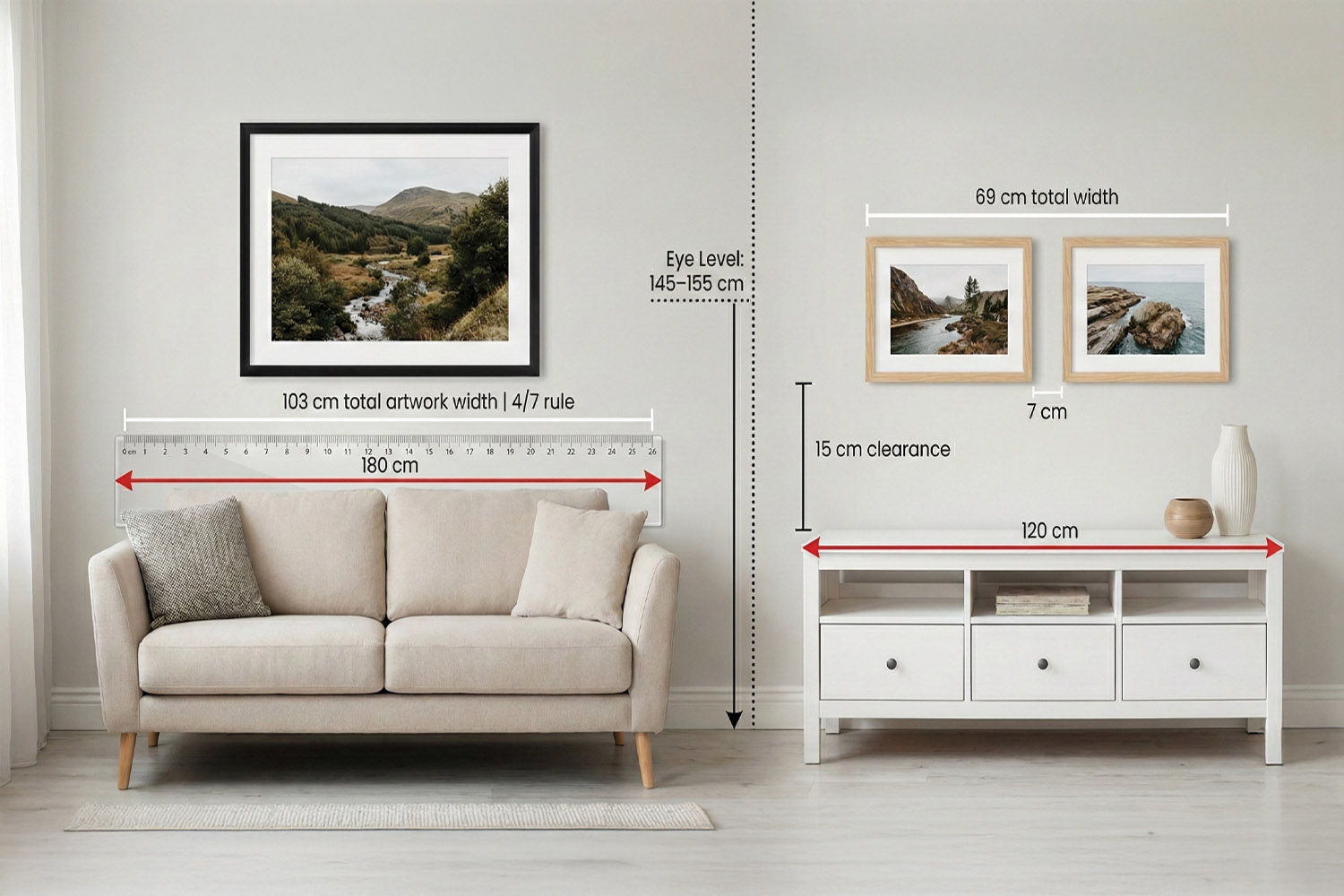 Framed and mounted prints displayed above a beige sofa and white console, showing ideal artwork sizing and placement