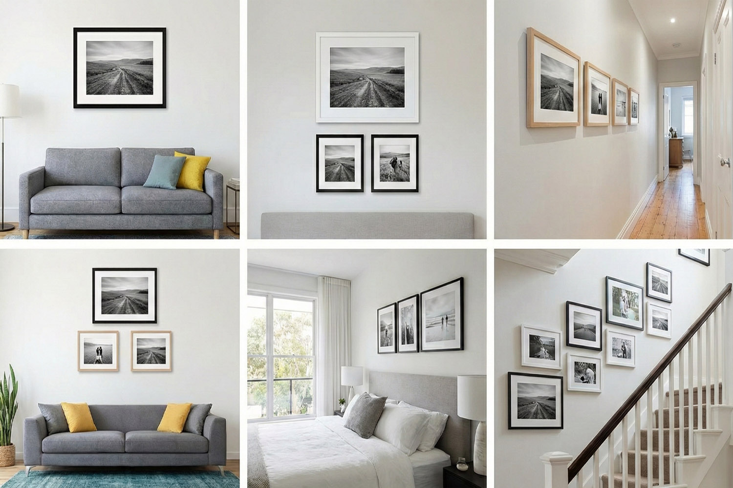 Framed and mounted prints displayed in various home settings, including living rooms, hallways, bedrooms, and staircases.