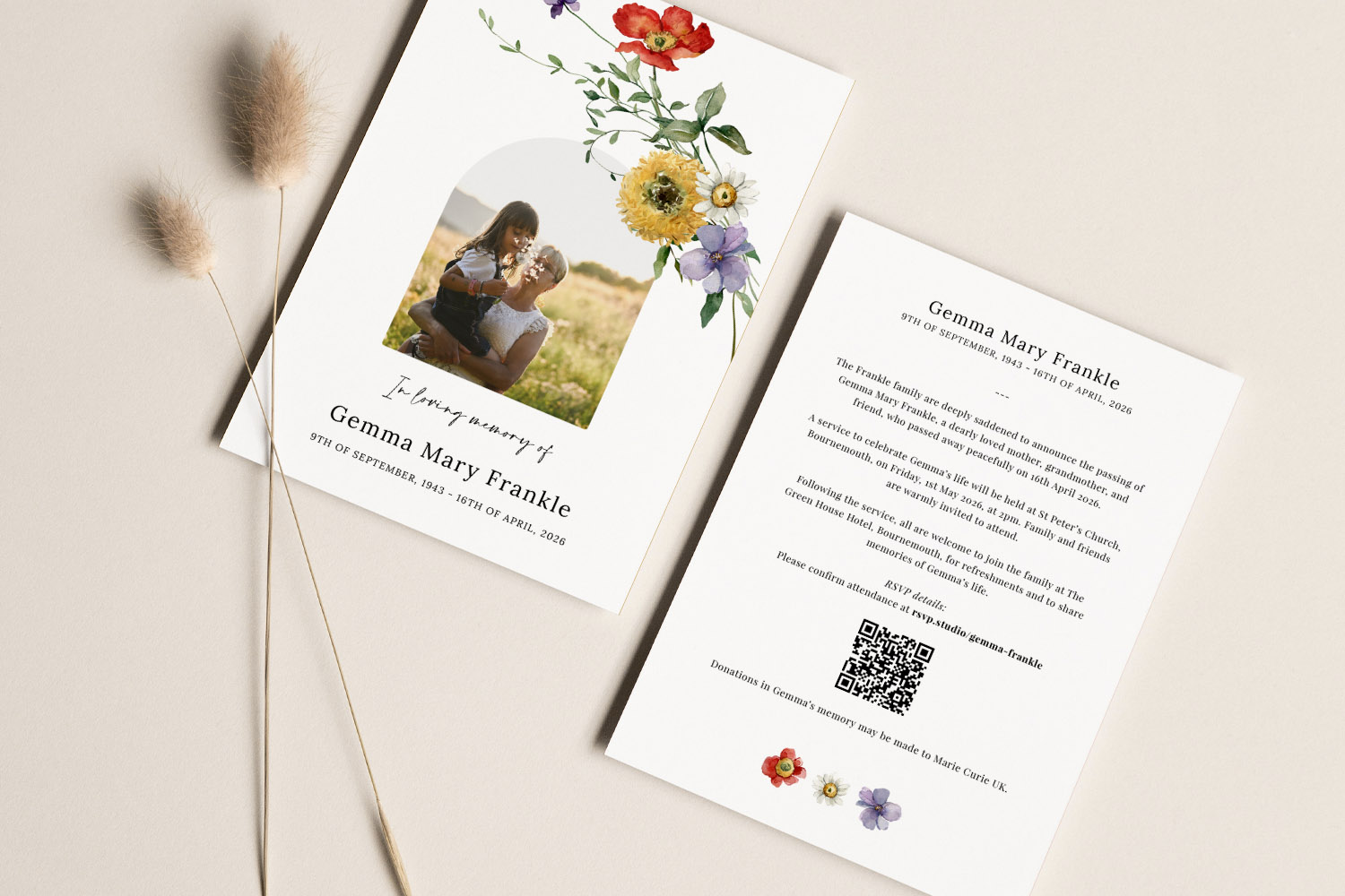 Funeral announcements with floral design, personal photo, and QR code for digital RSVP, displayed on a neutral background.