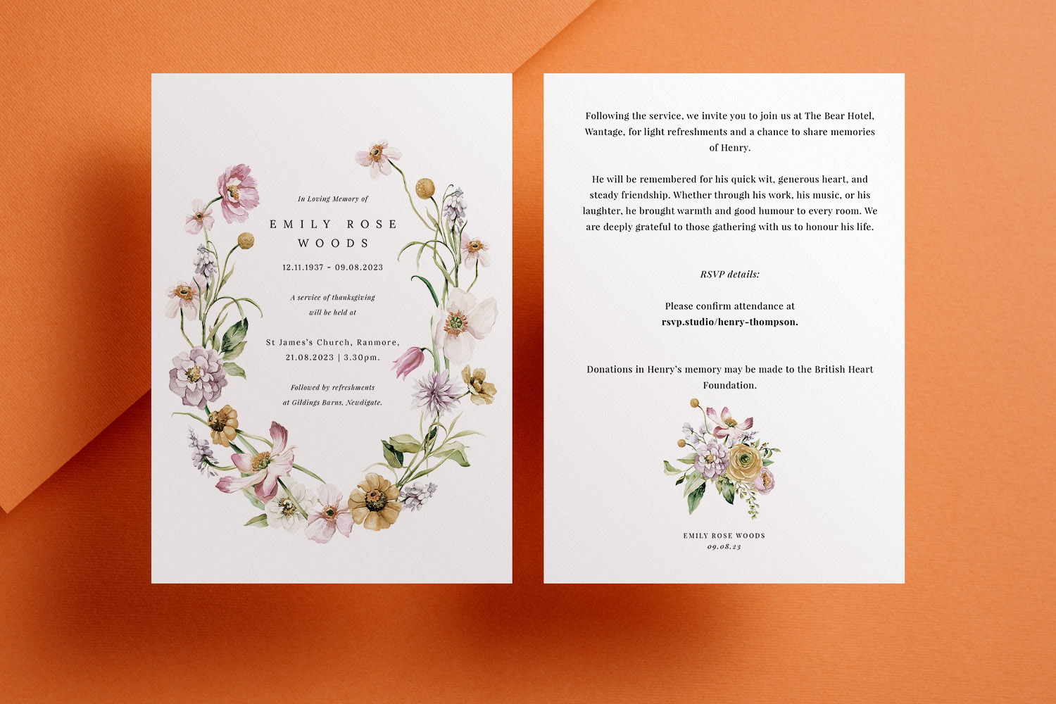 Funeral announcements with elegant floral designs and personalised memorial details, displayed on a peach background.