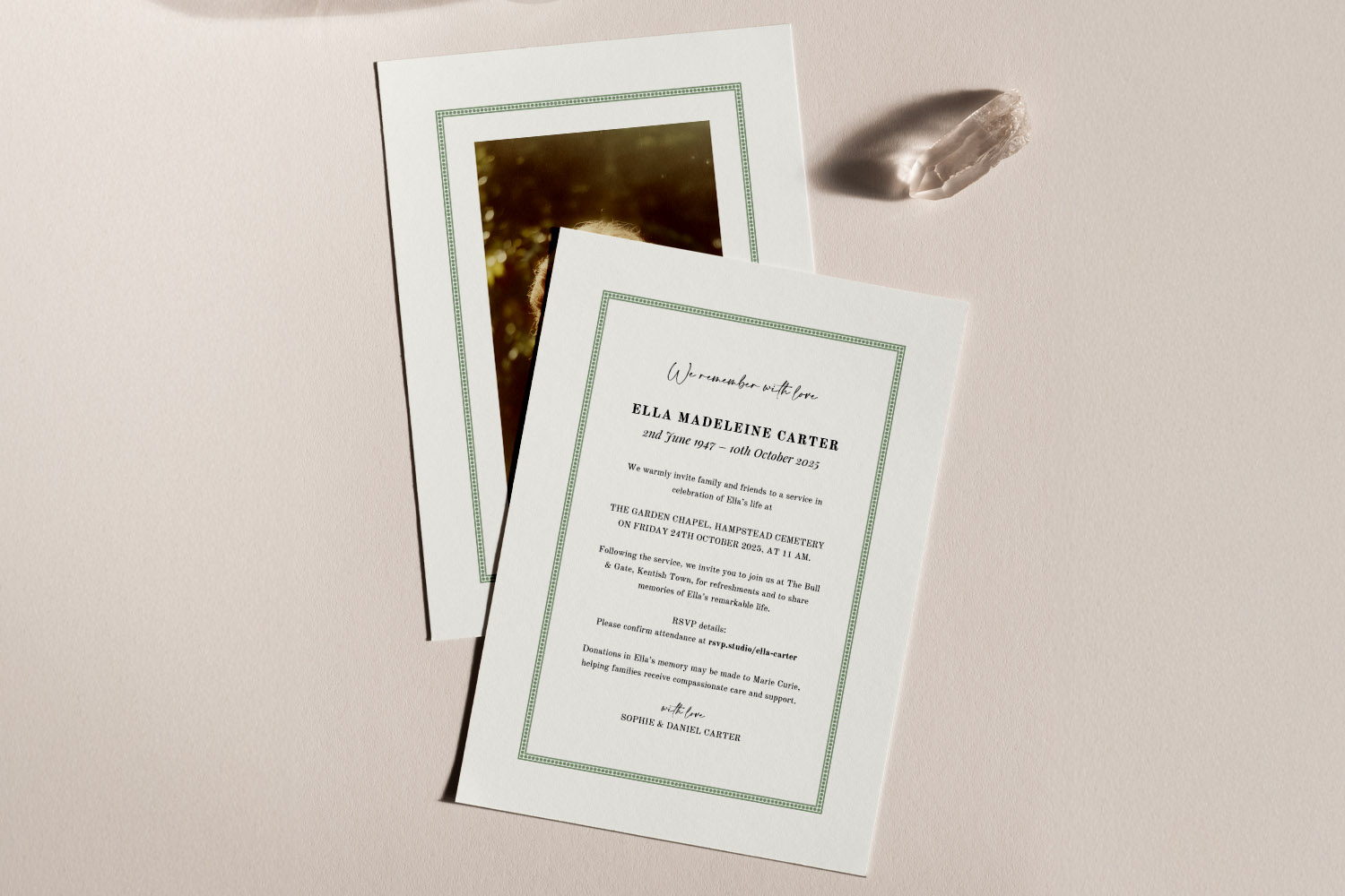 Funeral announcements with elegant green border and classic serif text, displayed on a neutral background with a delicate