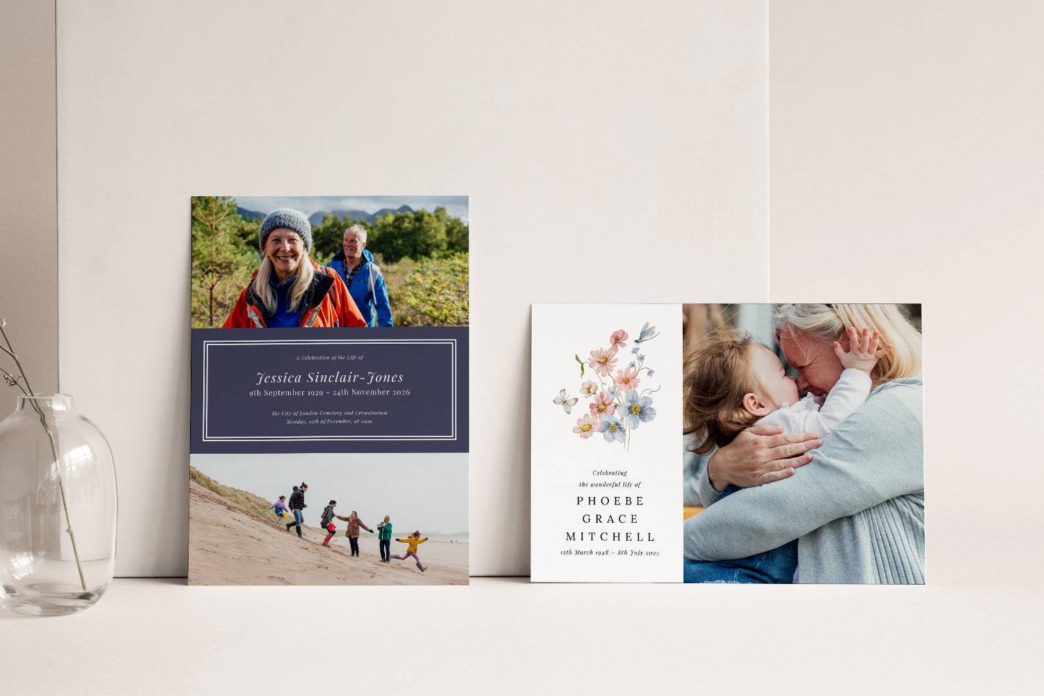 Funeral announcements featuring personalised photo designs, one with family beach scene and one with floral artwork and