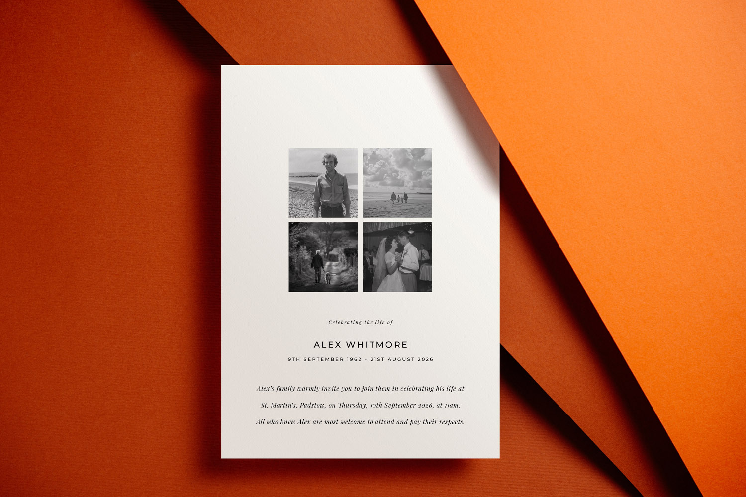 Funeral announcements card with four black and white photos and personalised text, displayed on an orange background.