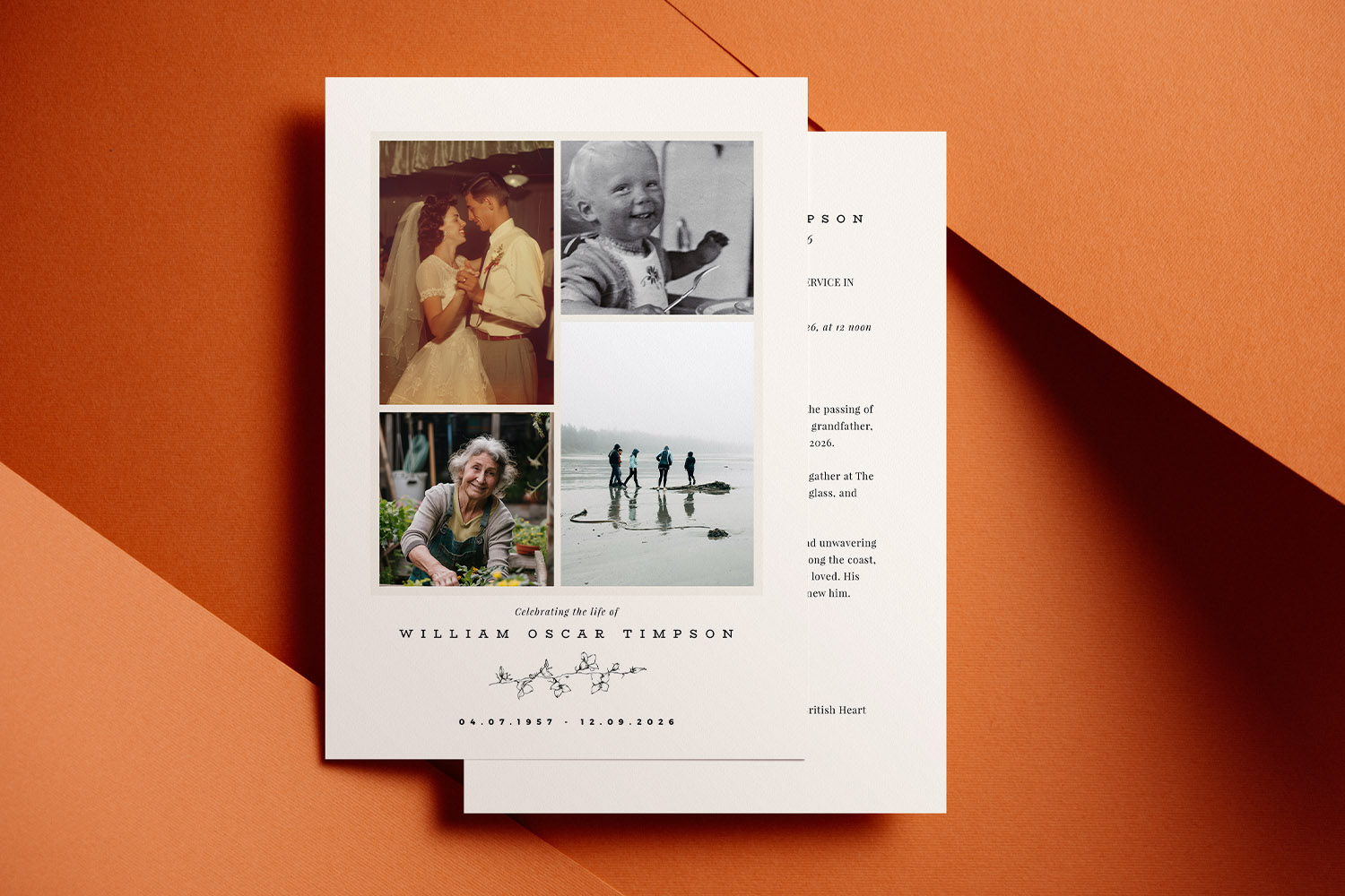 Funeral announcements with elegant white card design, featuring four photo collage and personalised memorial details on