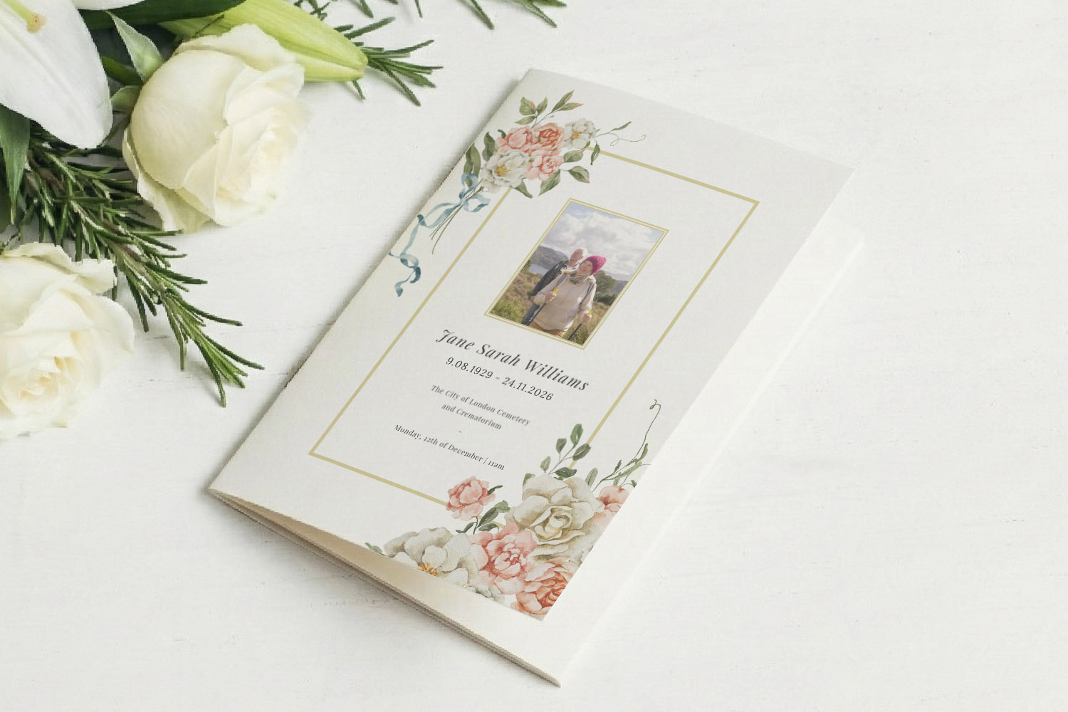 Funeral order of service booklet with classic floral design, personalised photo and elegant script on a white background