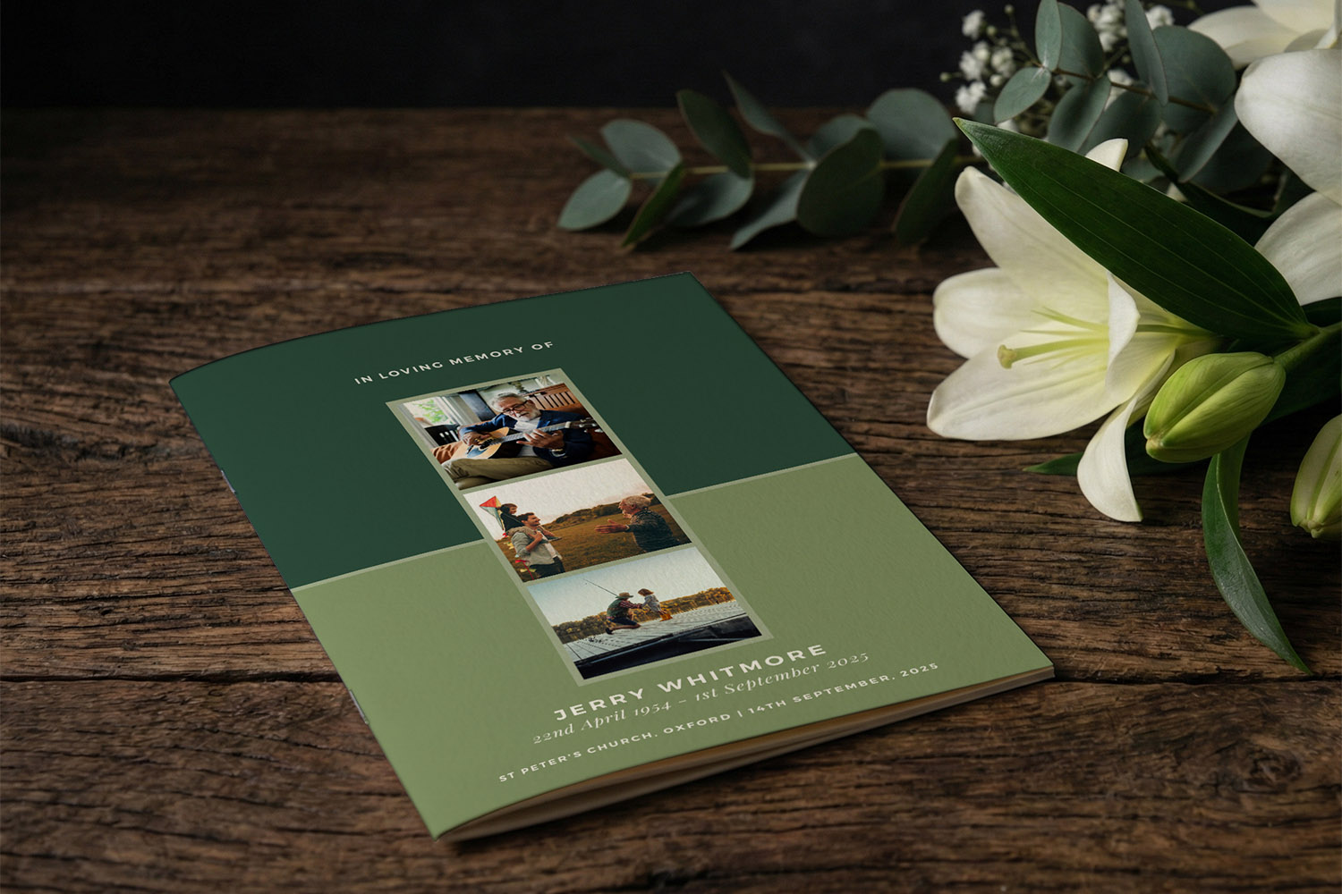 Funeral order of service booklet with green cover, three photo collage and white text, displayed on rustic wooden table