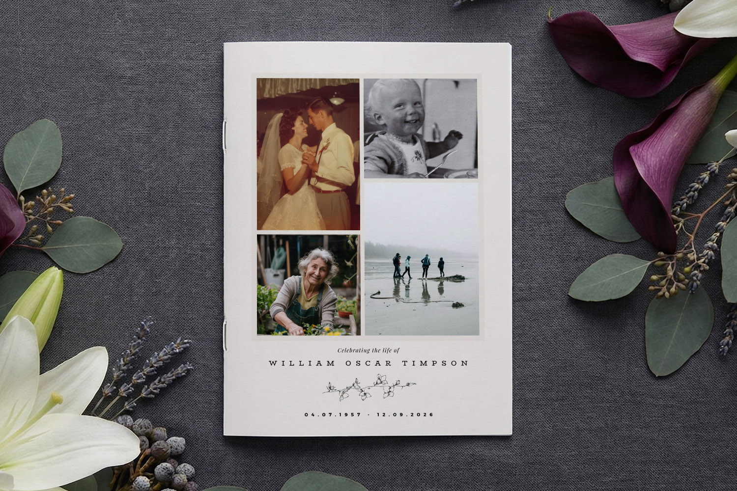 Funeral order of service booklet with four personal photos on the cover, displayed on a dark fabric background with flowers.