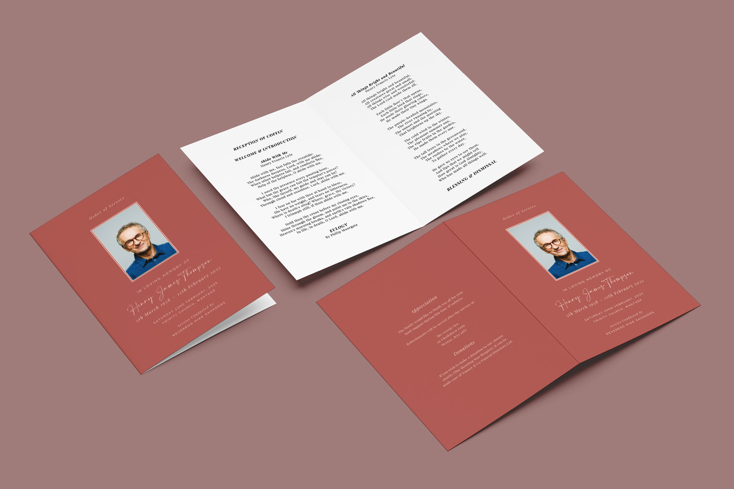 Funeral order of service booklets with a red cover, featuring a portrait and white text, displayed open and closed on a