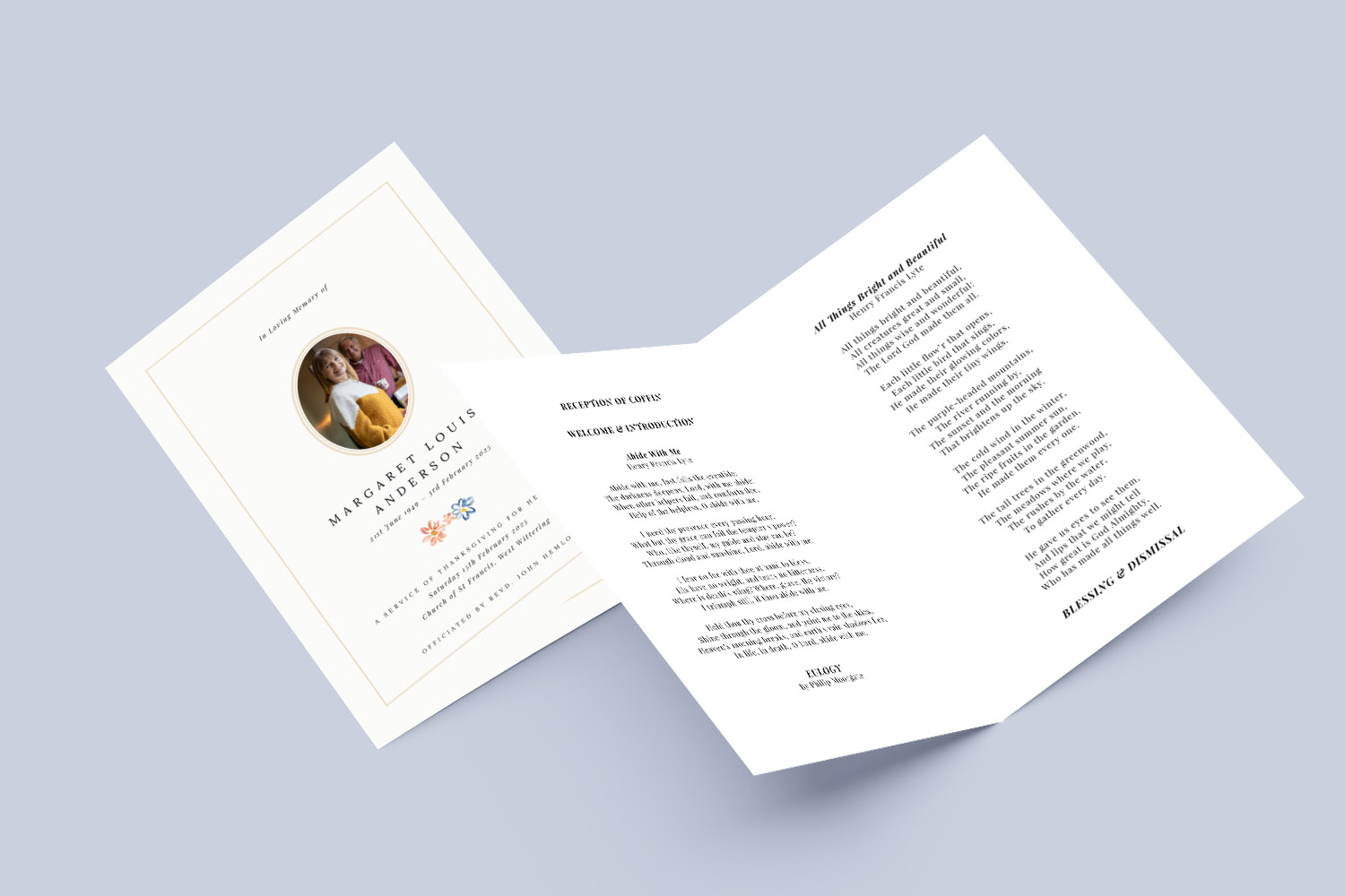 Funeral order of service booklets with a photo cover and printed ceremony details, displayed on a light grey background.