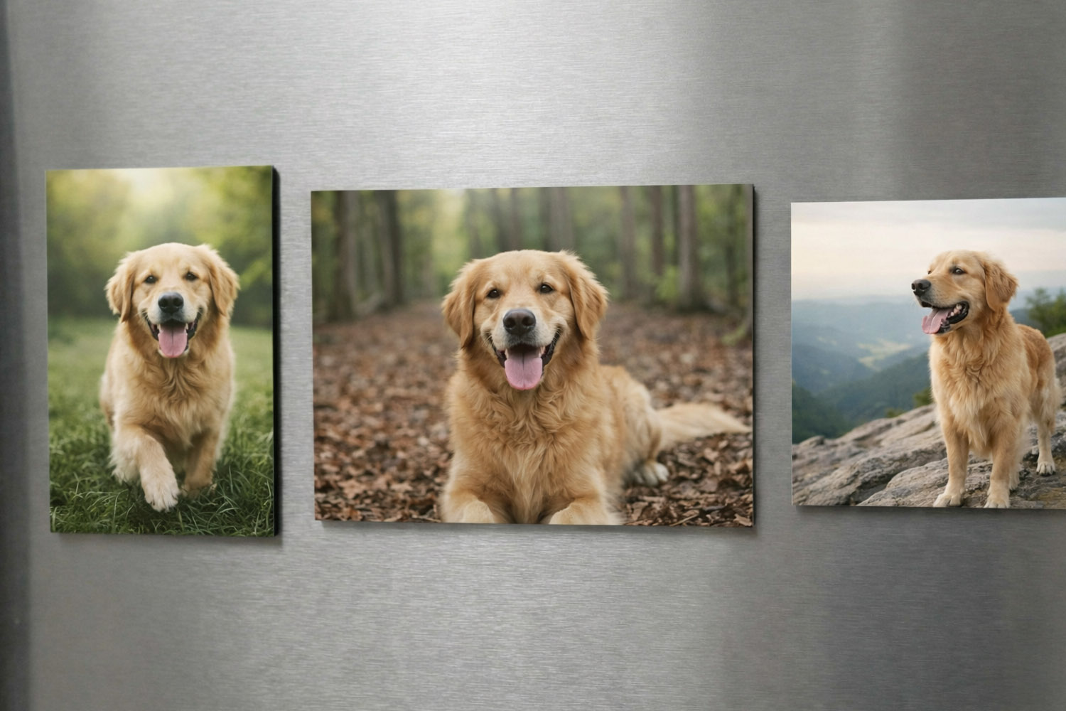 Personalised fridge magnets featuring three custom photo magnets with a golden retriever dog on a metallic fridge surface.