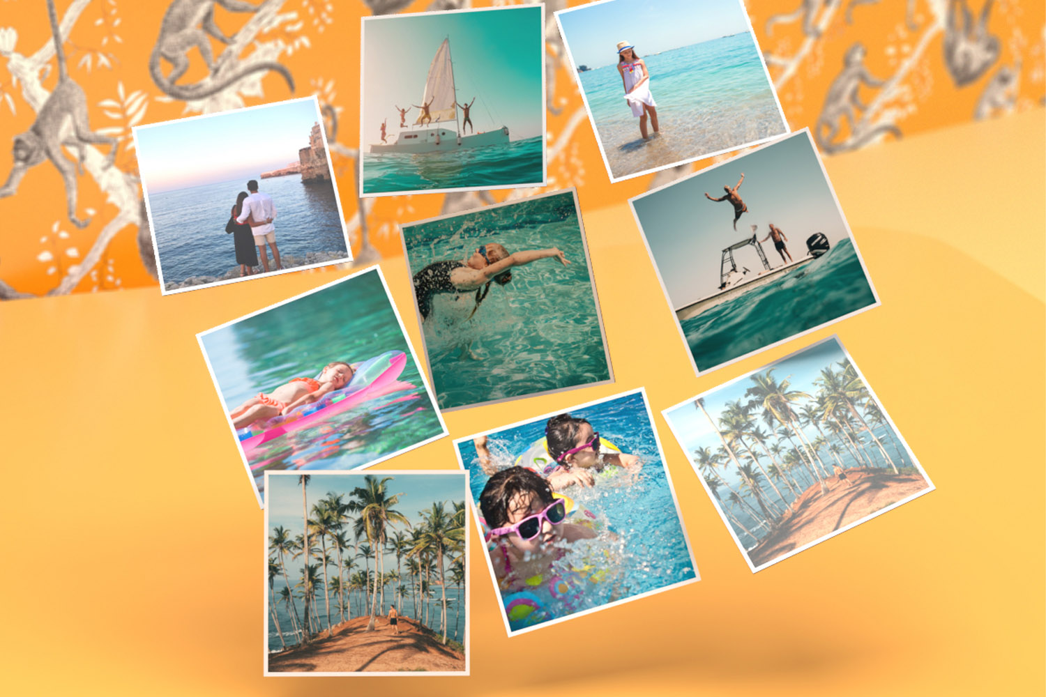 Personalised fridge magnets featuring various holiday and beach photos arranged on a vibrant orange background with patterns.