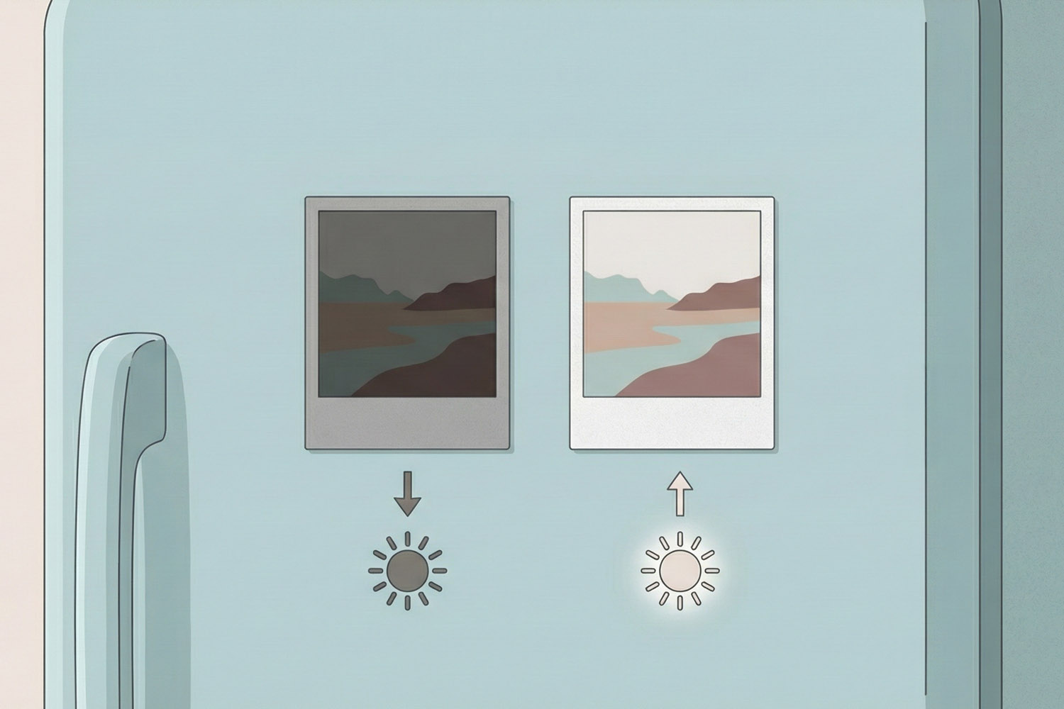 Personalised fridge magnets showing a comparison of dark and bright photo prints on a light blue refrigerator door