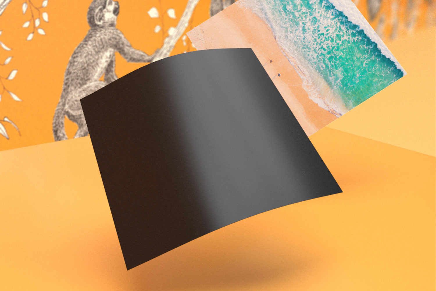 Personalised fridge magnets with a glossy black magnetic backing and a beach photo print, displayed on an orange background.