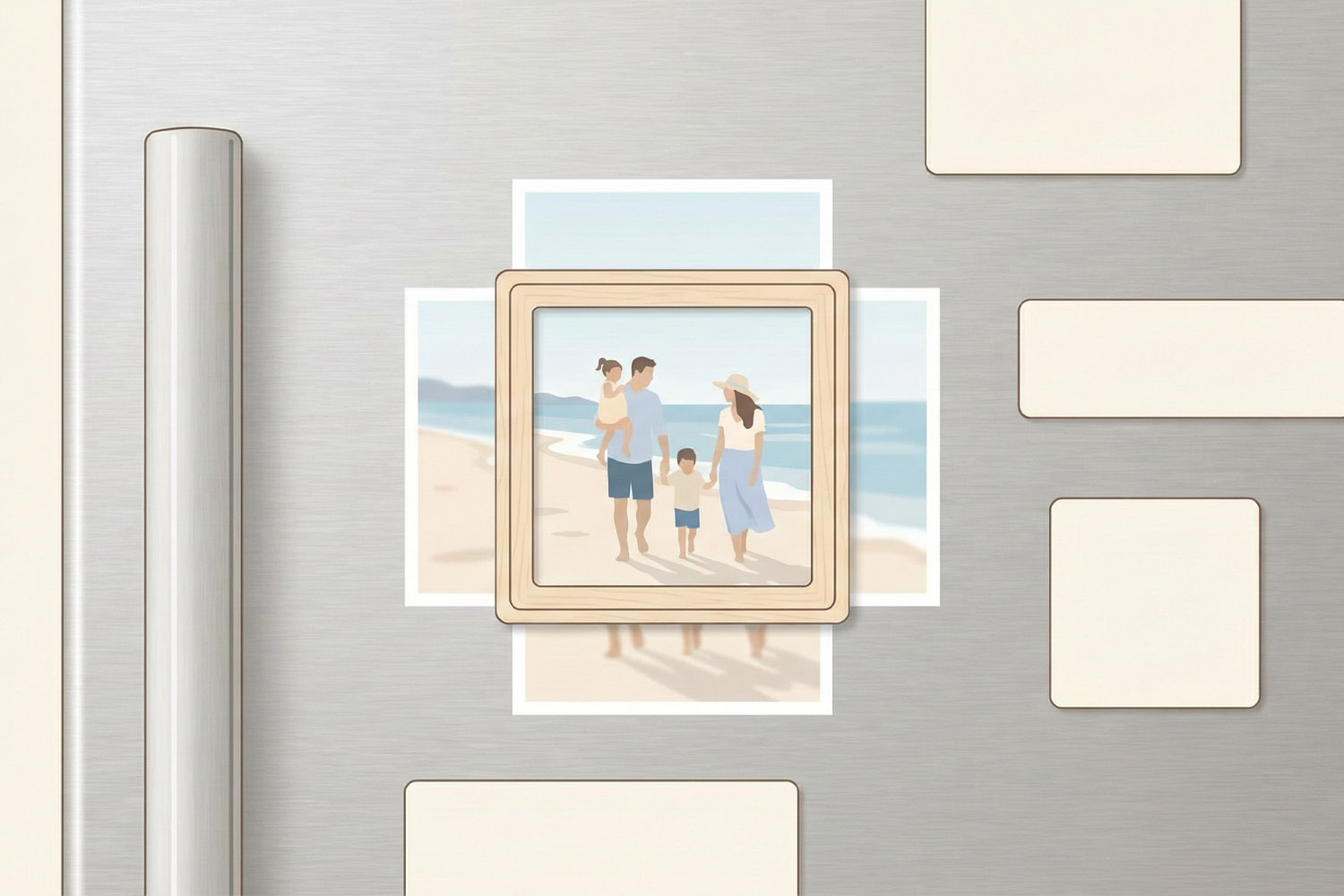 Personalised fridge magnets featuring a family beach illustration on a stainless steel fridge with blank magnets around it