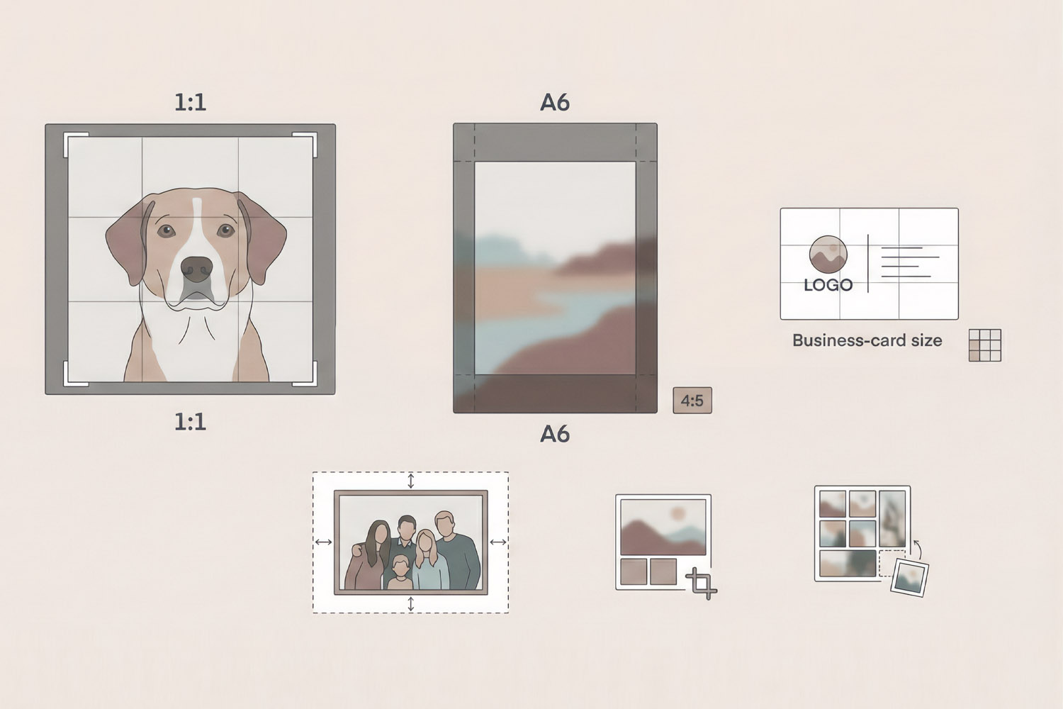 Personalised fridge magnets layout guide showing photo aspect ratios, cropping tips, and business card size options.