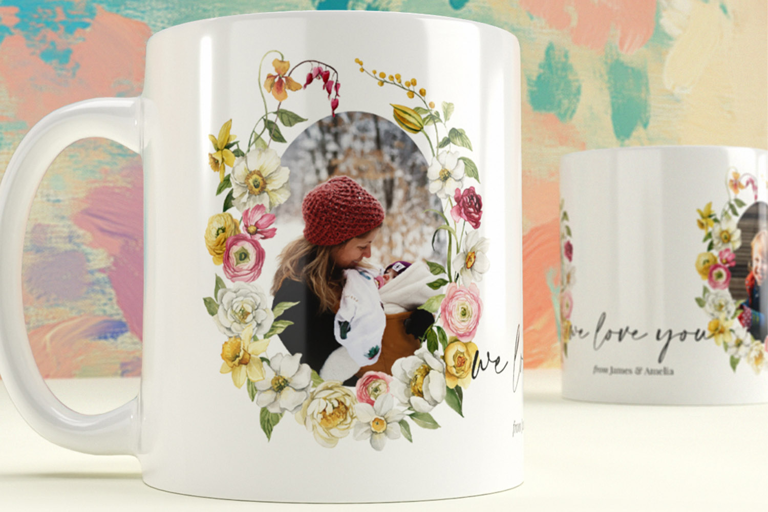 Personalised mugs with floral wreath design, custom photo and script text, shown on a white ceramic mug with handle
