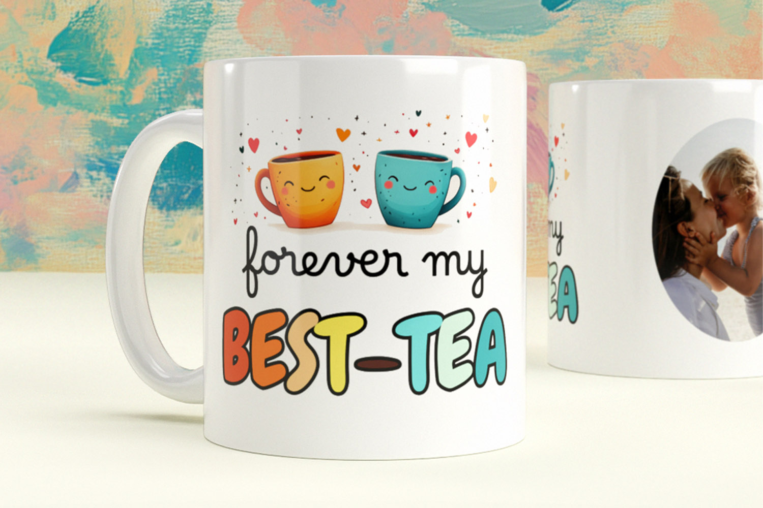 Personalised mugs with colourful cartoon mugs and forever my best-tea text, plus a custom photo print on a white ceramic mug