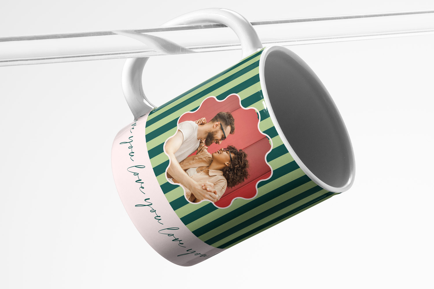 Personalised mugs with green and pink stripes, custom photo and handwritten script, ceramic design shown on white background