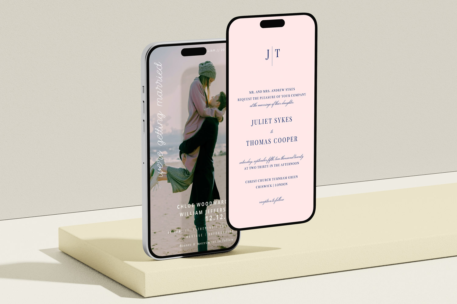 RSVP.studio weddings digital invitations displayed on smartphones, featuring a modern photo design and elegant text layout