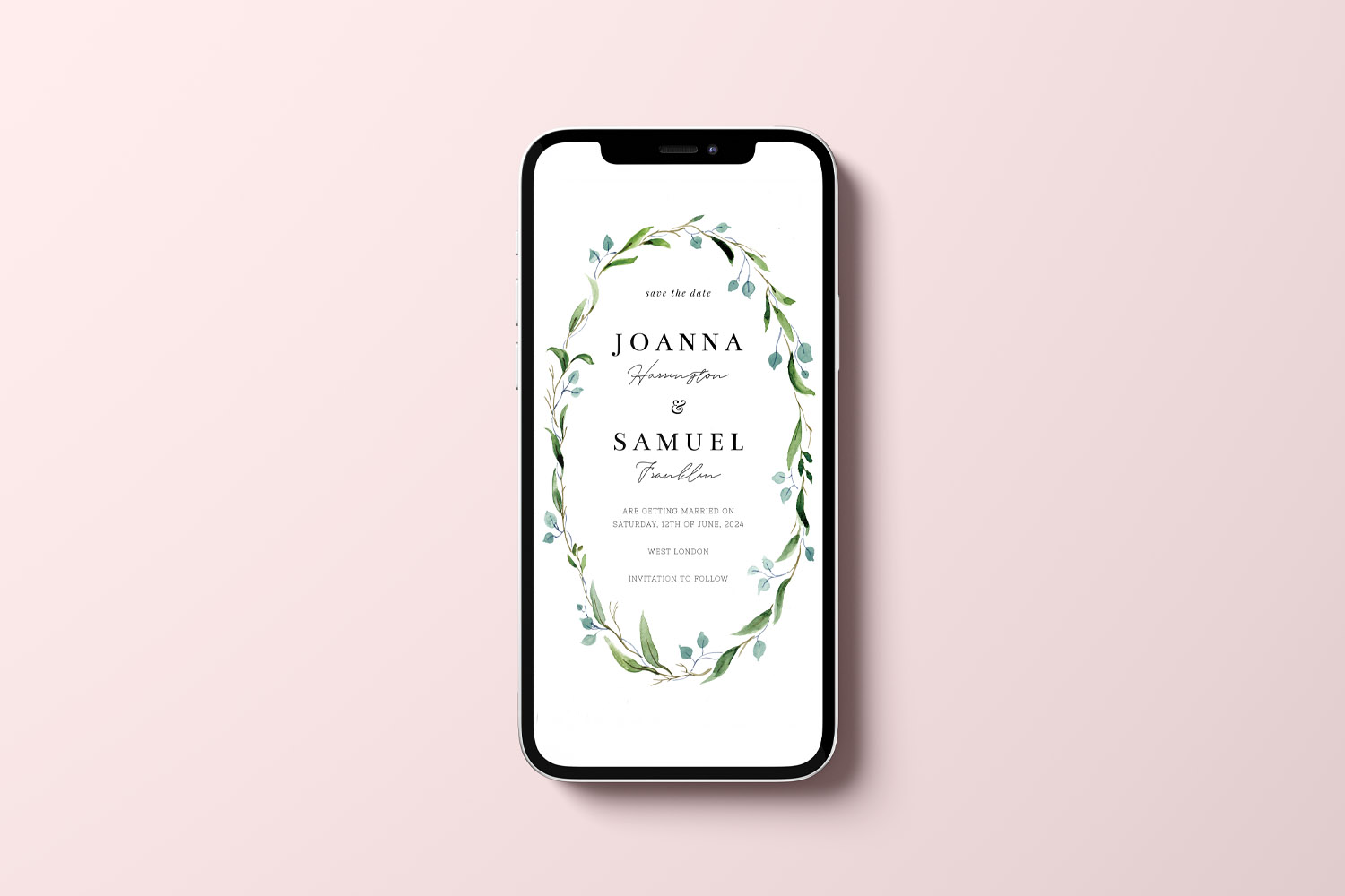RSVP.studio weddings digital invitation displayed on a smartphone with a botanical wreath design on a soft pink background