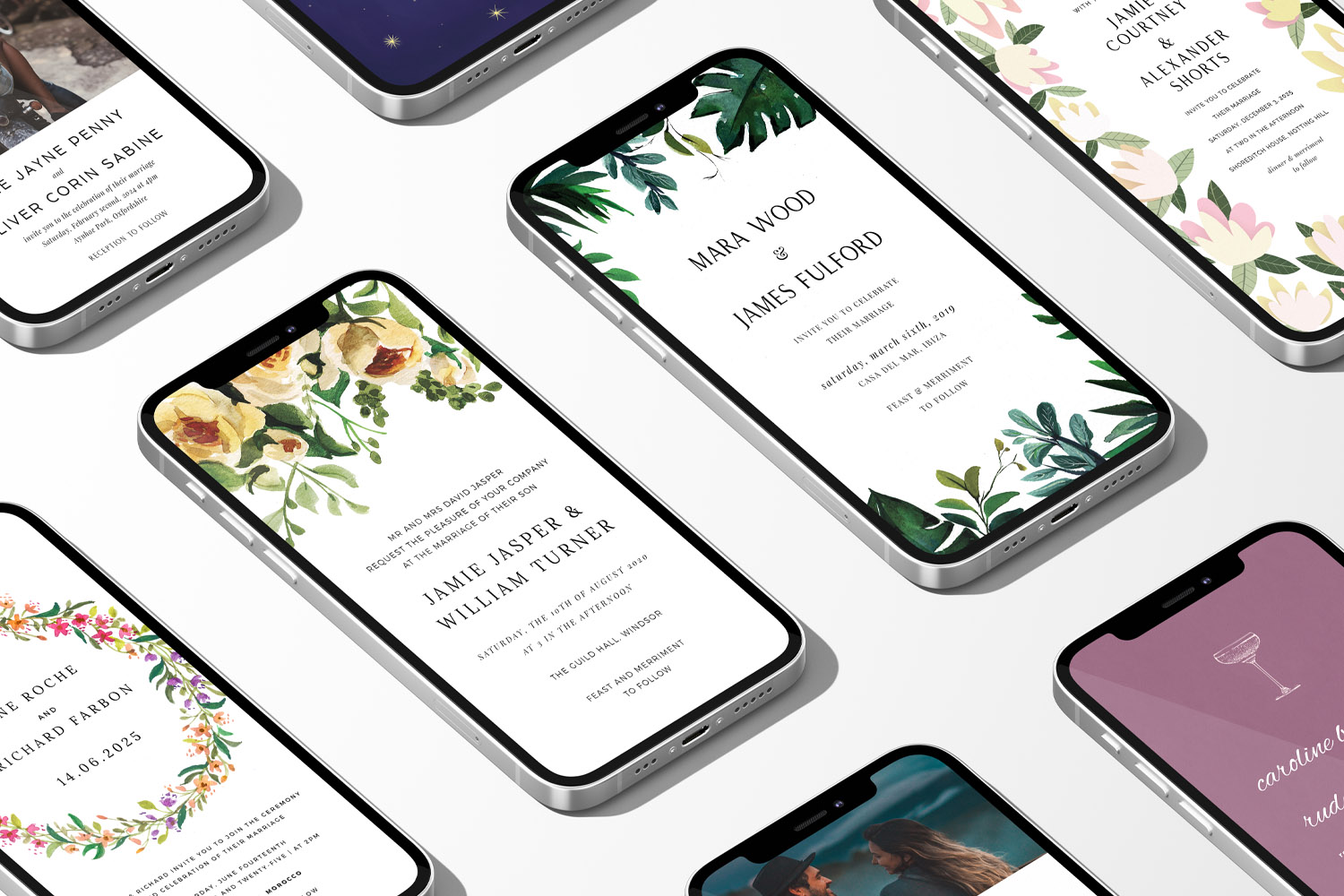 RSVP.studio weddings digital invitations displayed on smartphones with floral and modern designs in a flat-lay arrangement