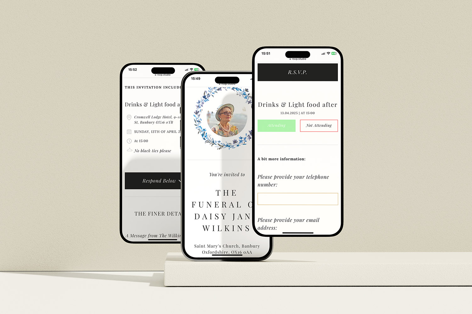RSVP.studio funerals digital RSVP pages displayed on three smartphones, showing invitation and response options for a